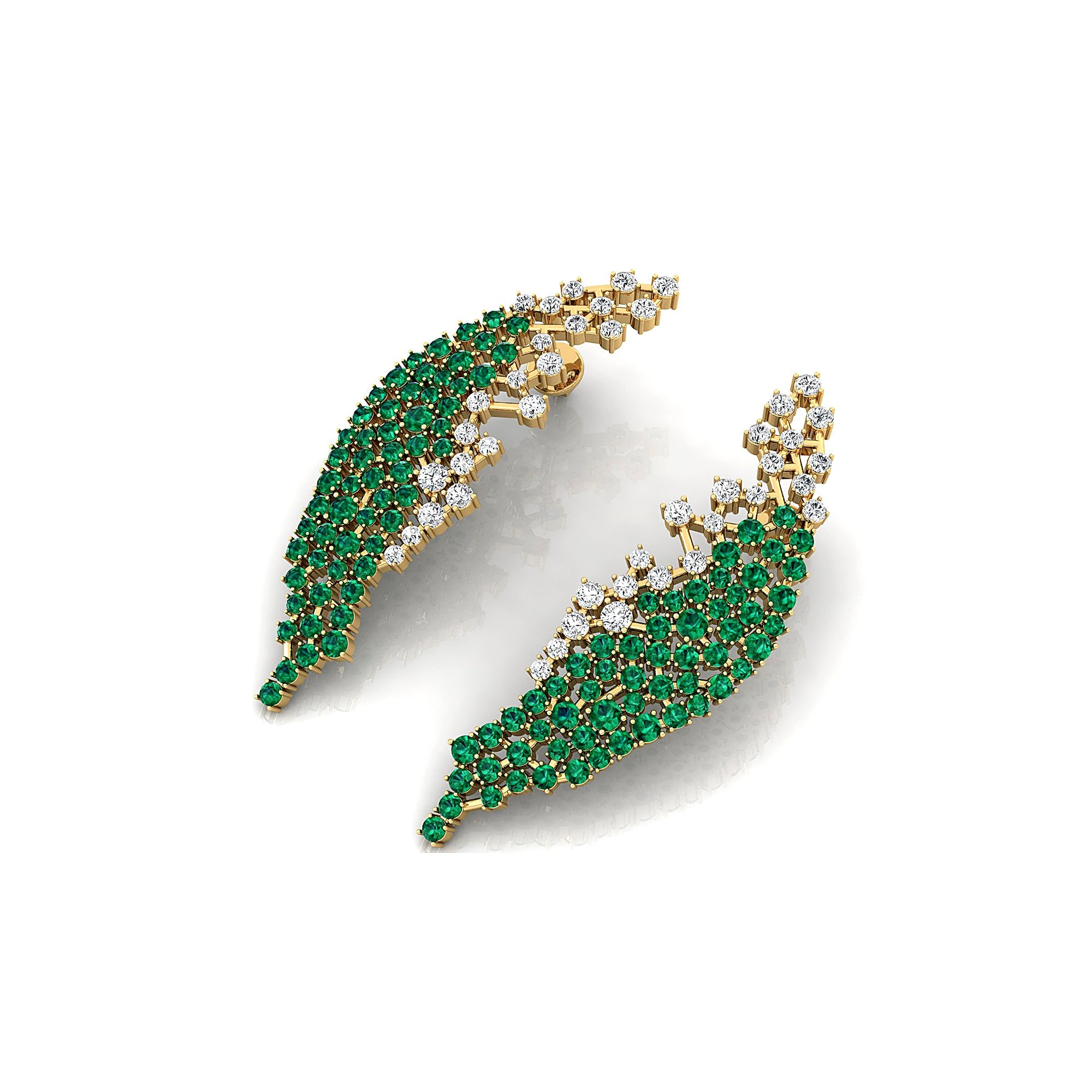 Nature Inspired Feather Shaped Cocktail Emerald Earrings with Diamond Accents - GeumJewels