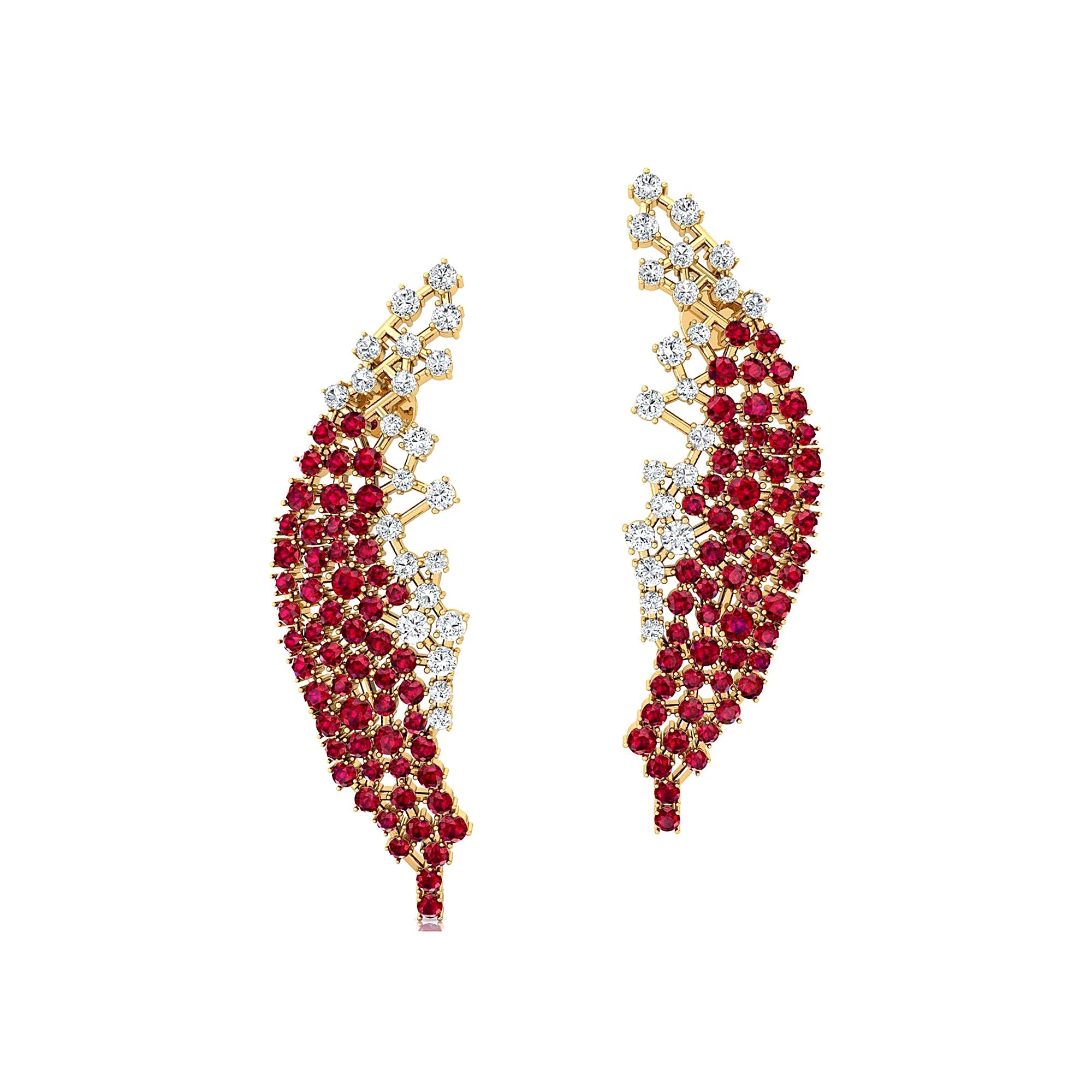 Nature Inspired Feather Shaped Cocktail Ruby Earrings with Diamond Accents - GeumJewels