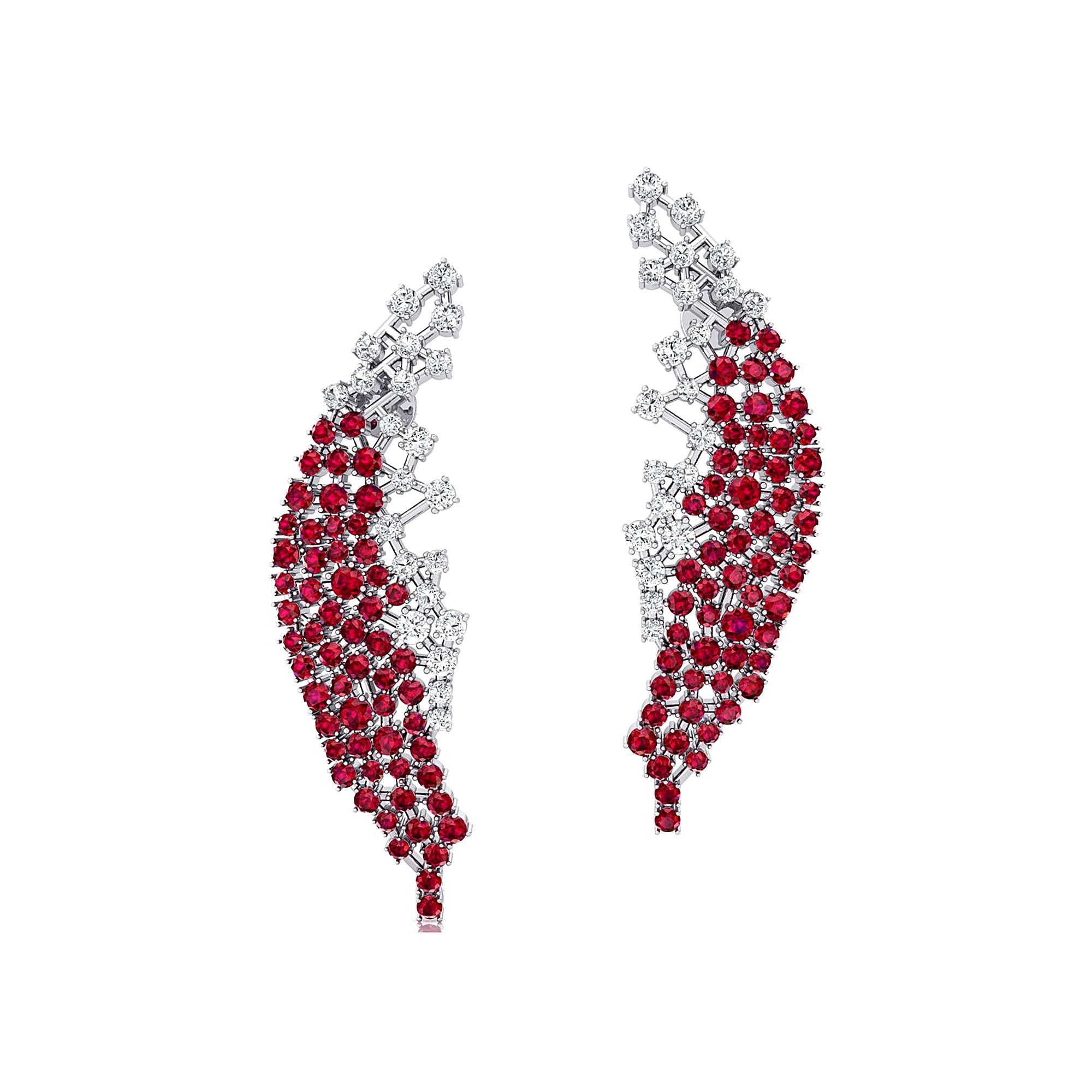 Nature Inspired Feather Shaped Cocktail Ruby Earrings with Diamond Accents - GeumJewels