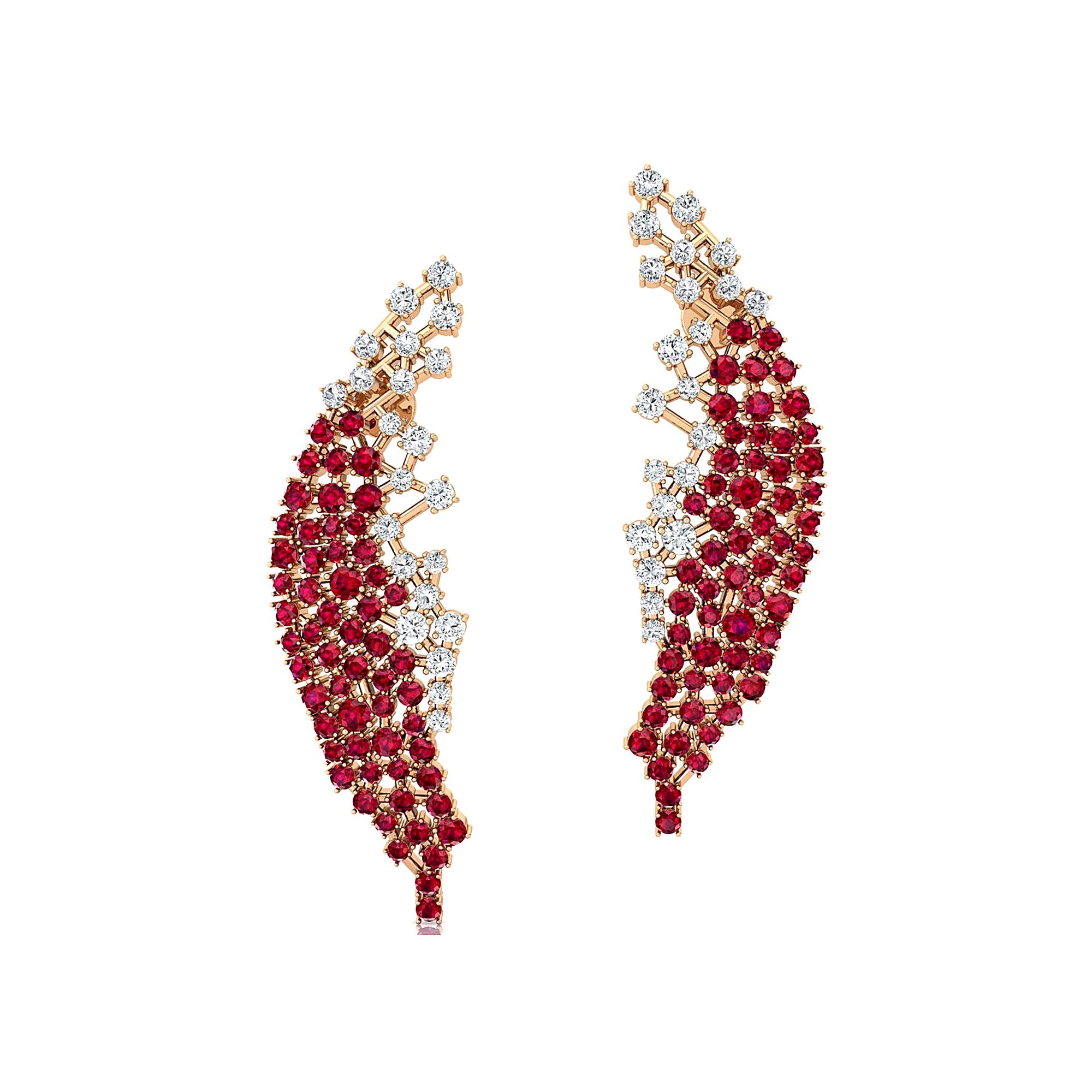 Nature Inspired Feather Shaped Cocktail Ruby Earrings with Diamond Accents - GeumJewels