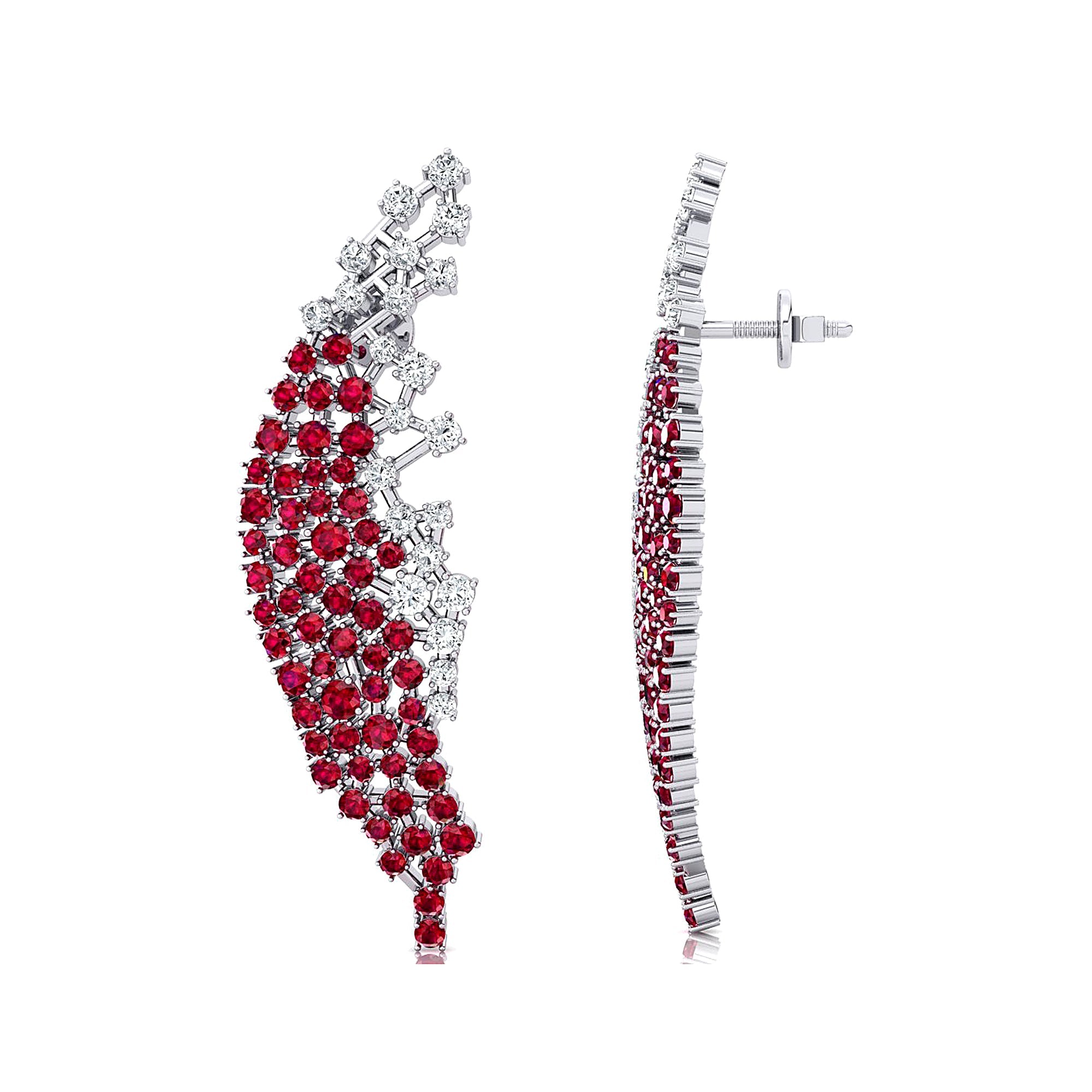 Nature Inspired Feather Shaped Cocktail Ruby Earrings with Diamond Accents - GeumJewels