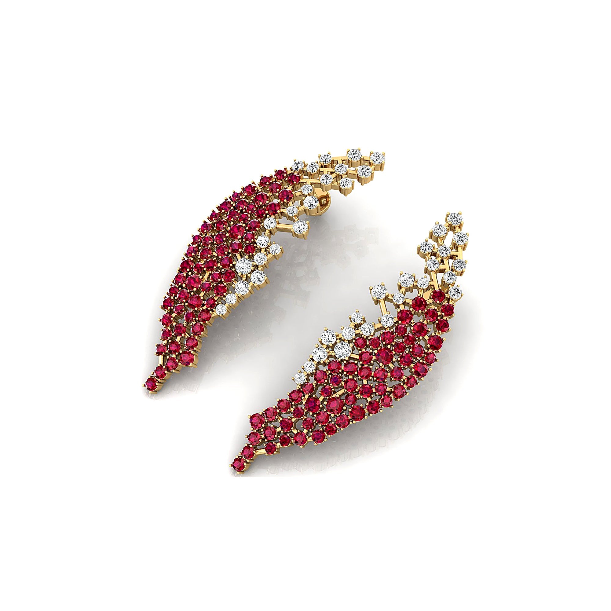 Nature Inspired Feather Shaped Cocktail Ruby Earrings with Diamond Accents - GeumJewels