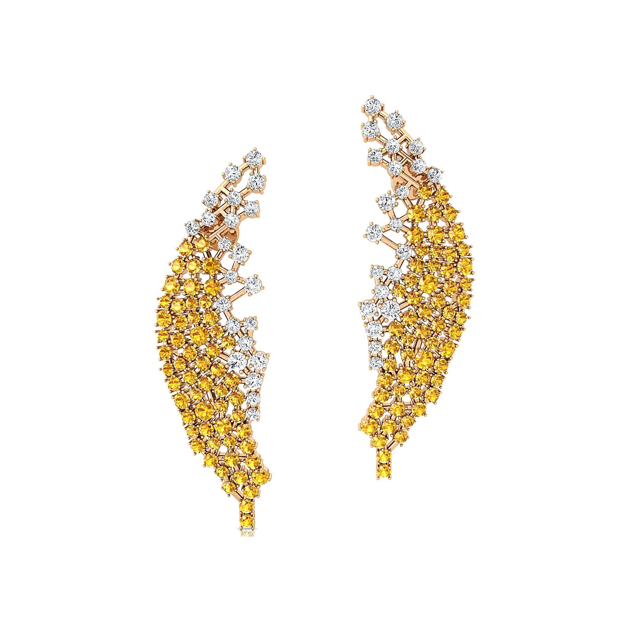Nature Inspired Feather Shaped Cocktail Yellow Sapphire Earrings with Diamond Accents - GeumJewels