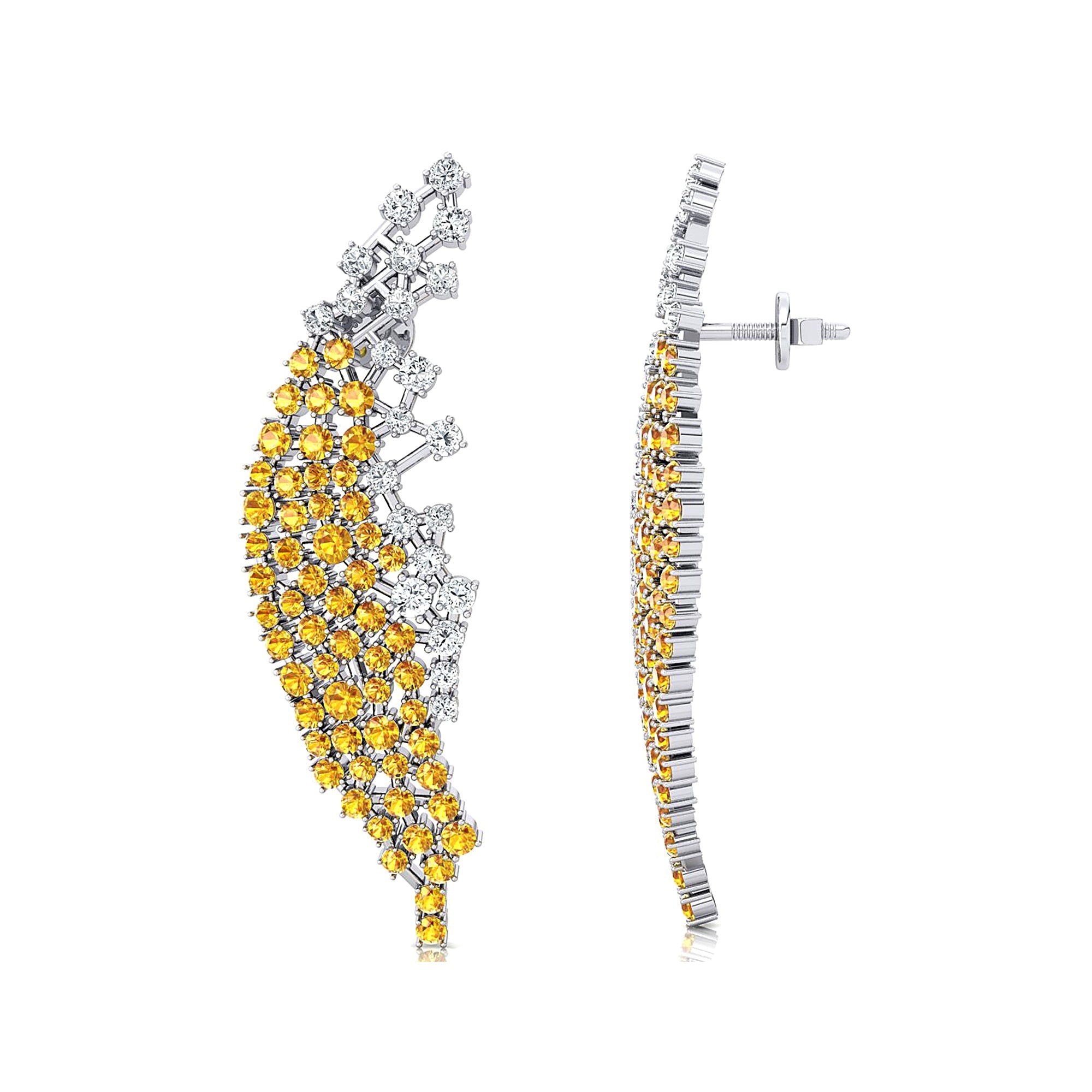 Nature Inspired Feather Shaped Cocktail Yellow Sapphire Earrings with Diamond Accents - GeumJewels