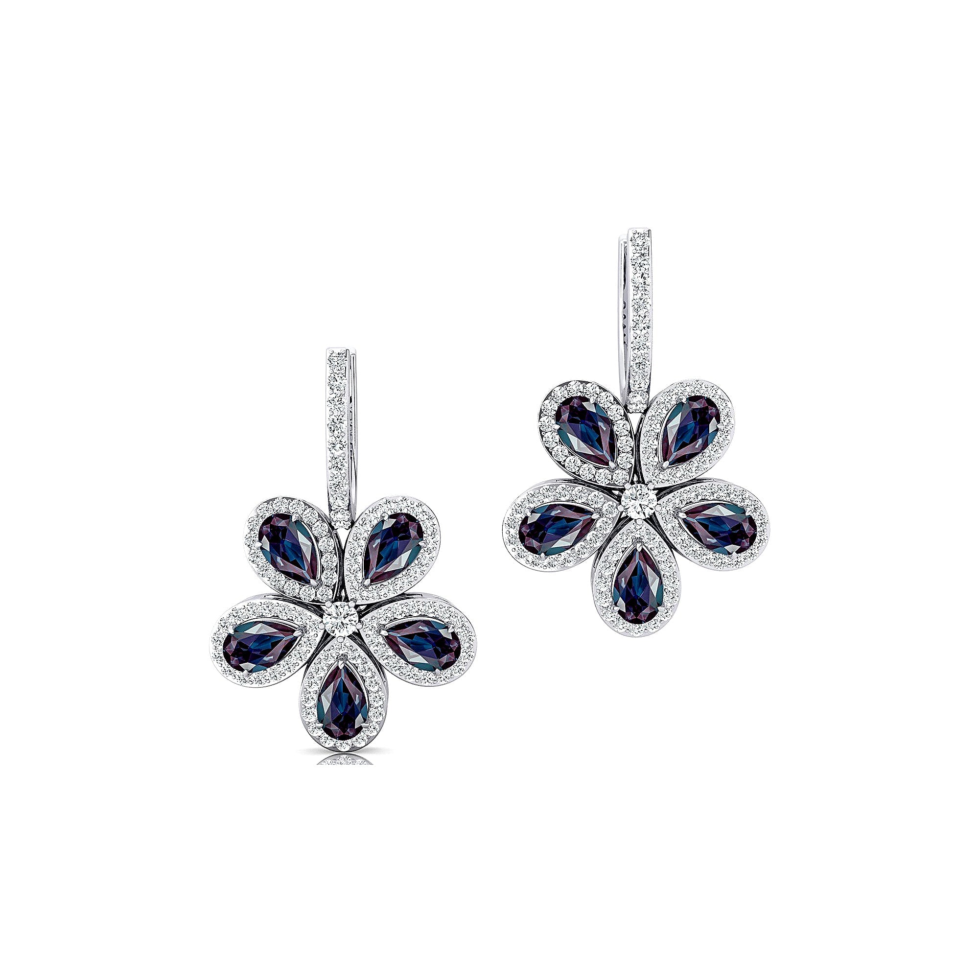 Pear Shaped Alexandrite Flower Diamond Leverback Earrings - GeumJewels