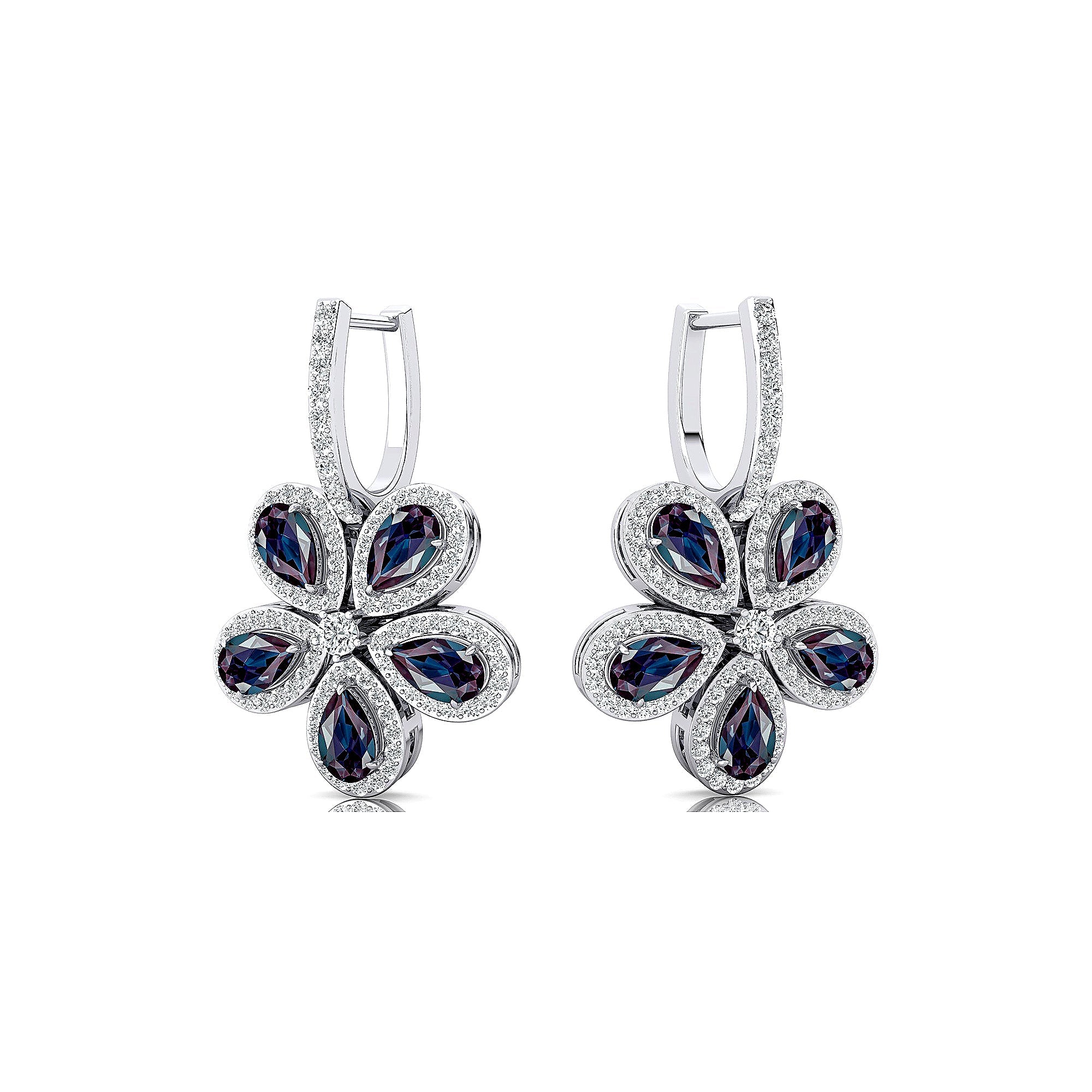 Pear Shaped Alexandrite Flower Diamond Leverback Earrings - GeumJewels