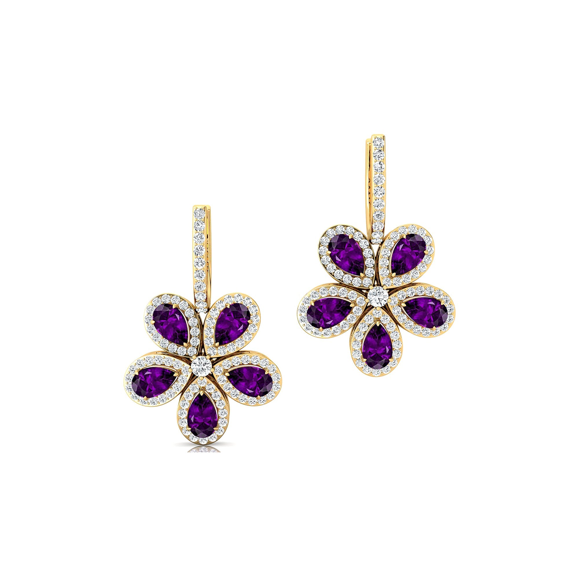 Pear Shaped Amethyst Flower Diamond Leverback Earrings - GeumJewels