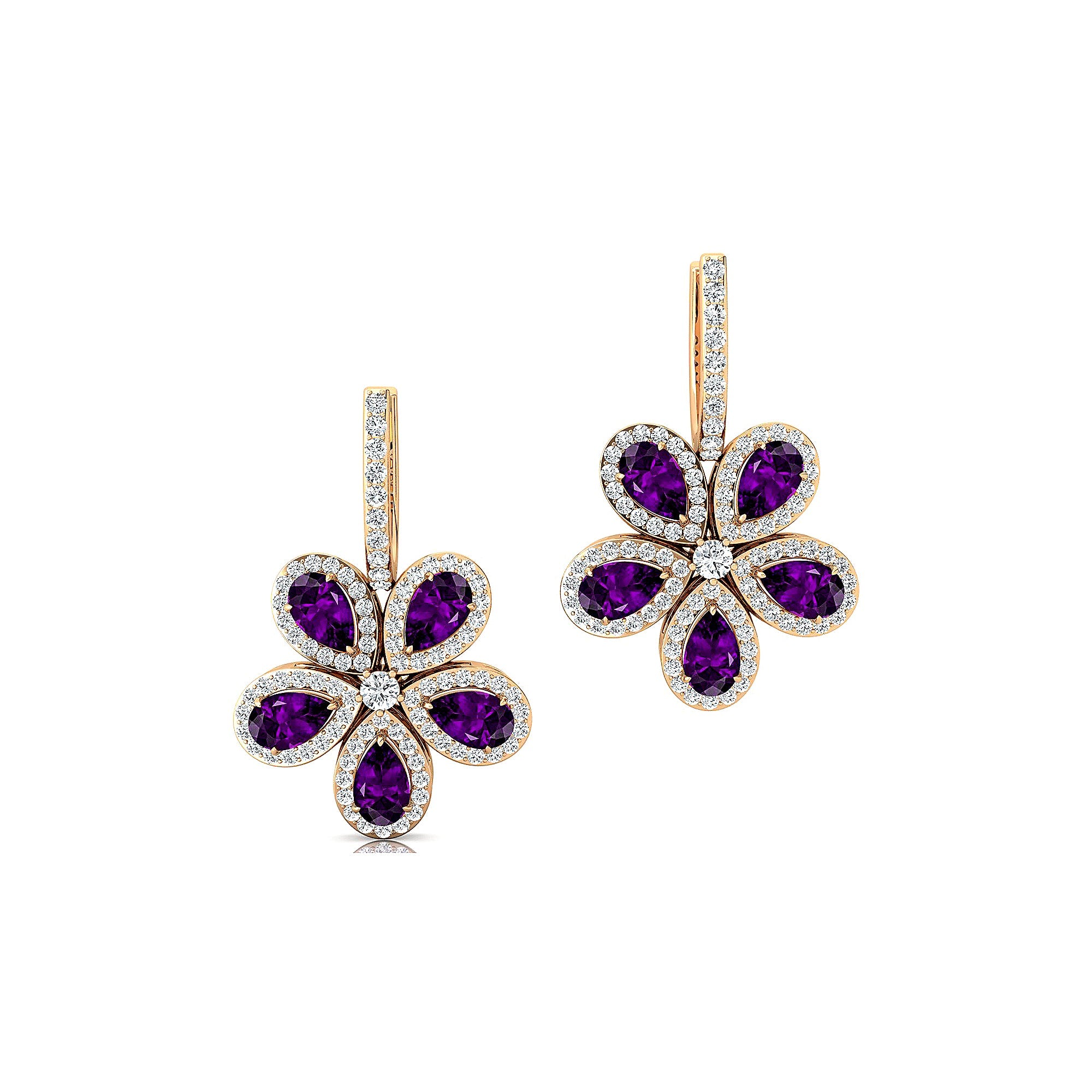Pear Shaped Amethyst Flower Diamond Leverback Earrings - GeumJewels