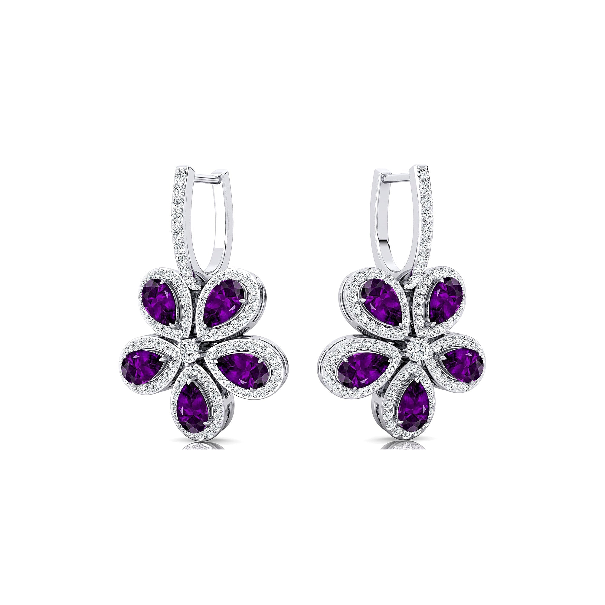 Pear Shaped Amethyst Flower Diamond Leverback Earrings - GeumJewels
