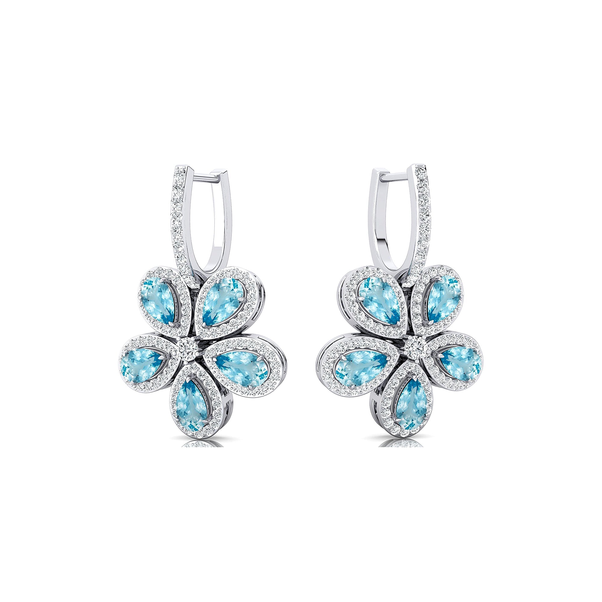 Pear Shaped Aquamarine Flower Diamond Leverback Earrings - GeumJewels