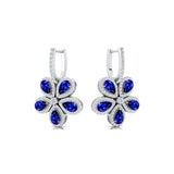 Pear Shaped Blue Sapphire Flower Diamond Leverback Earrings - GeumJewels