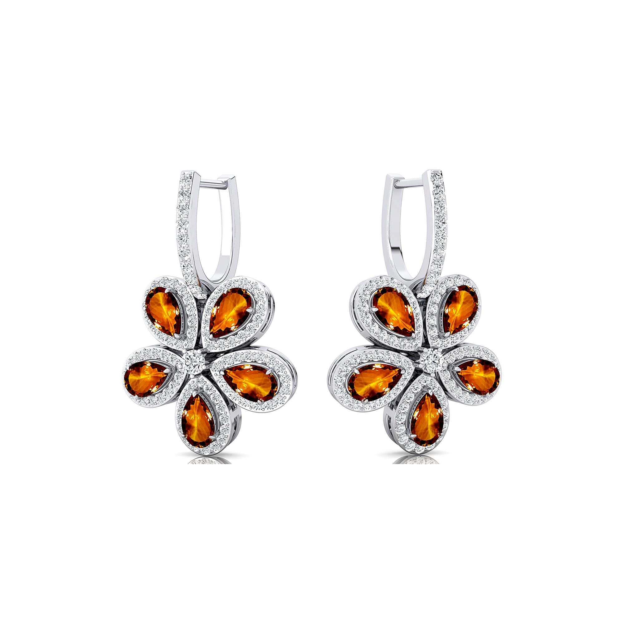 Pear Shaped Citrine Flower Diamond Leverback Earrings - GeumJewels