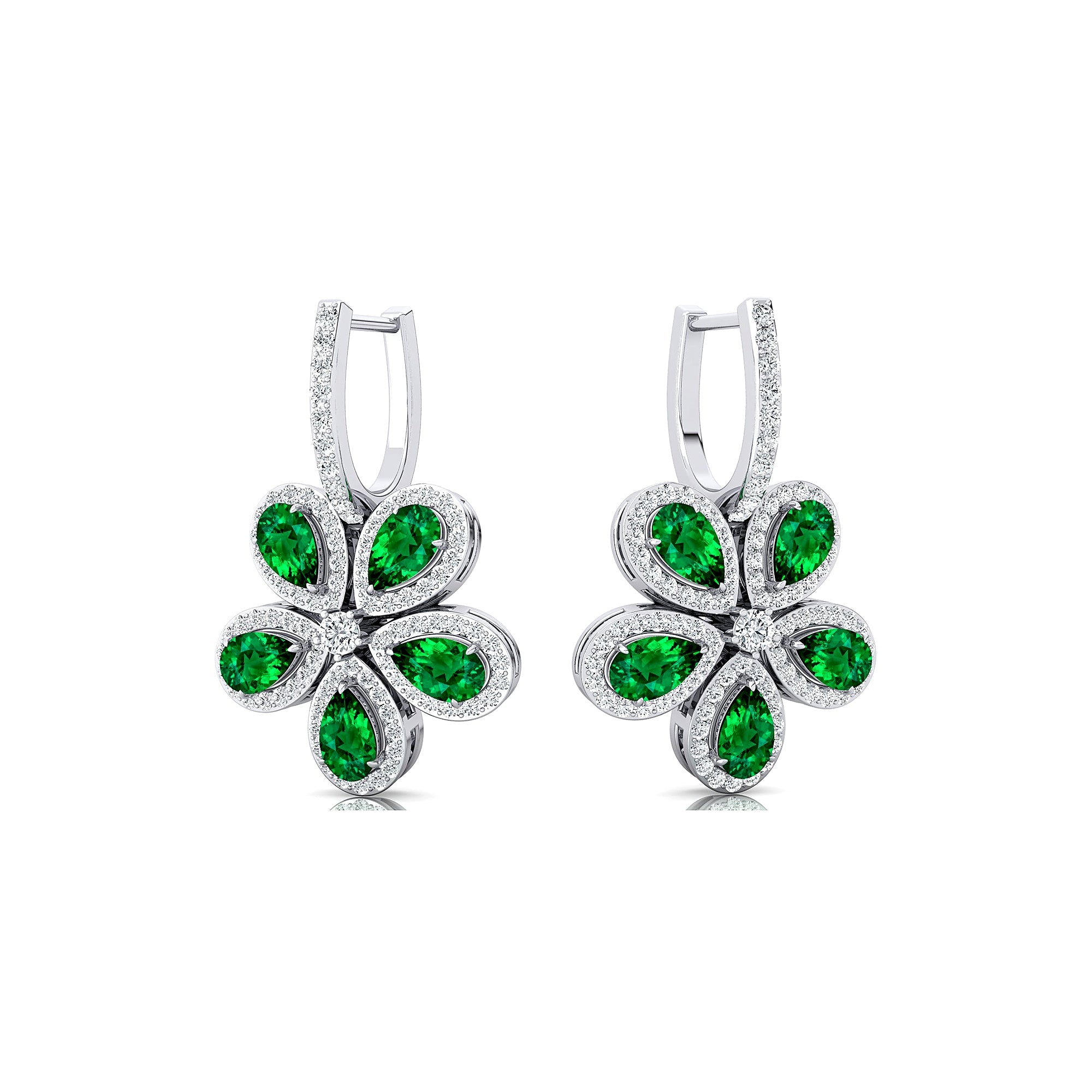 Pear Shaped Emerald Flower Diamond Leverback Earrings - GeumJewels