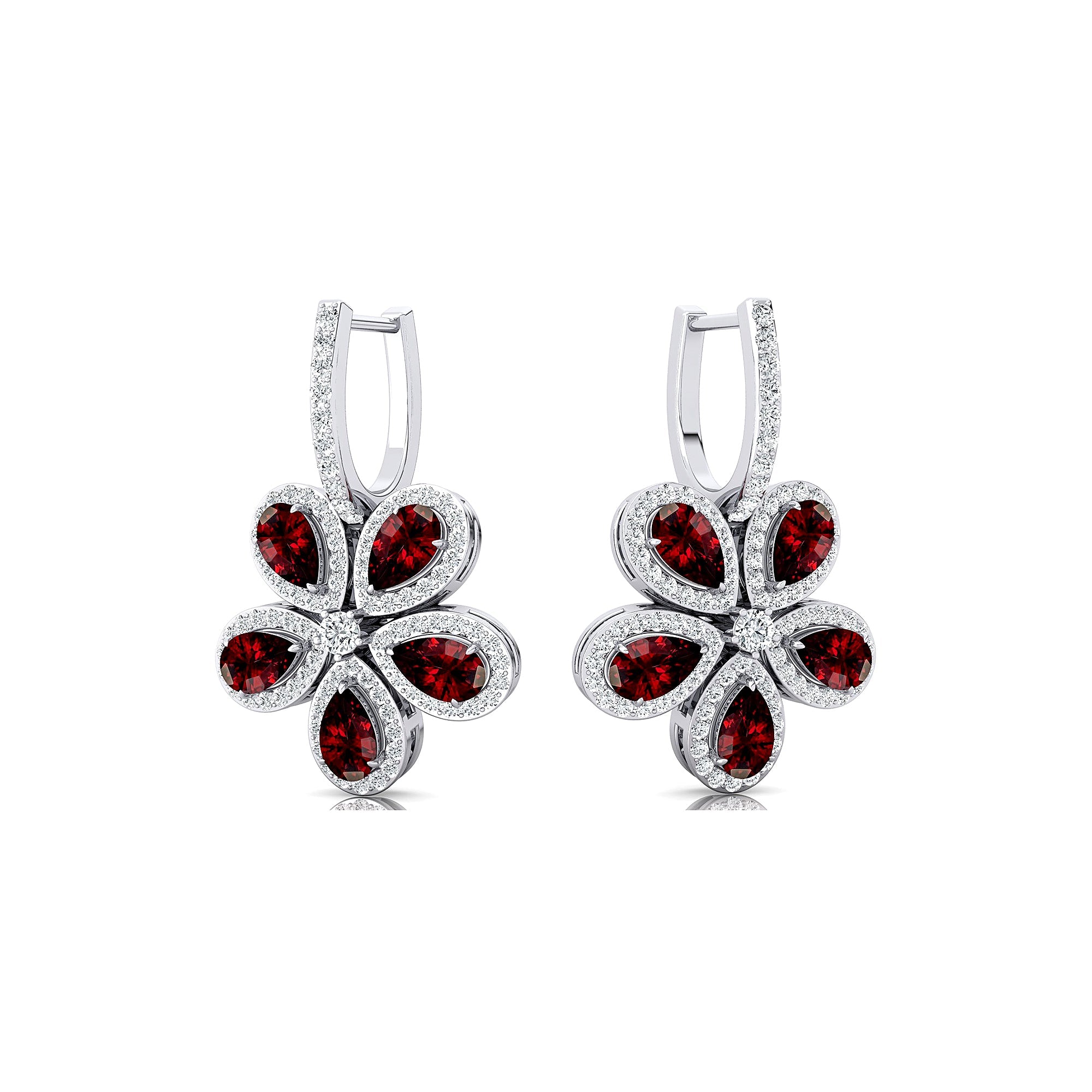 Pear Shaped Garnet Flower Diamond Leverback Earrings - GeumJewels