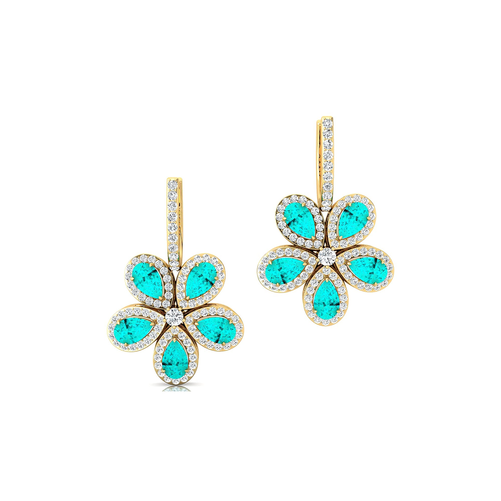 Pear Shaped Paraiba Tourmaline Flower Diamond Leverback Earrings - GeumJewels