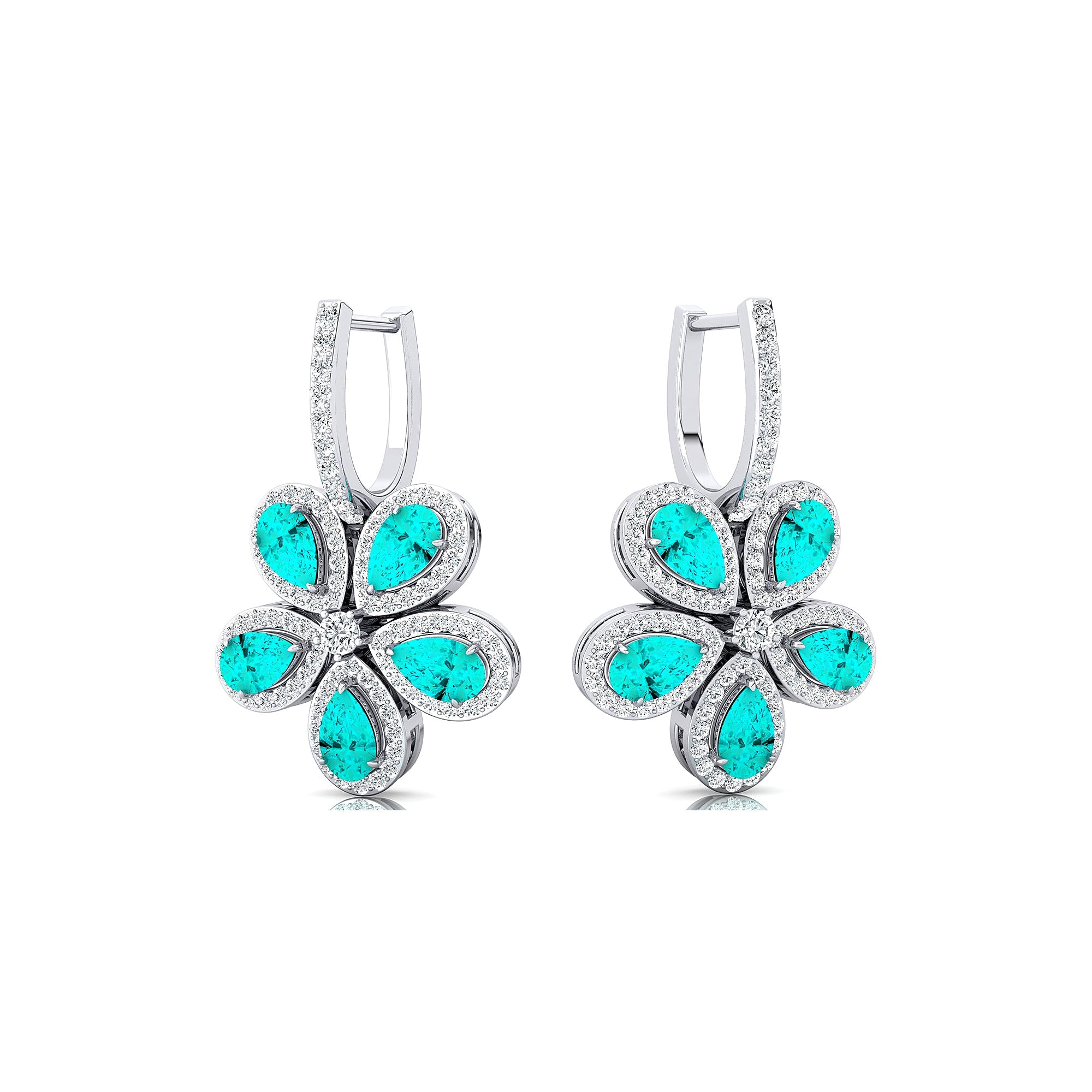 Pear Shaped Paraiba Tourmaline Flower Diamond Leverback Earrings - GeumJewels