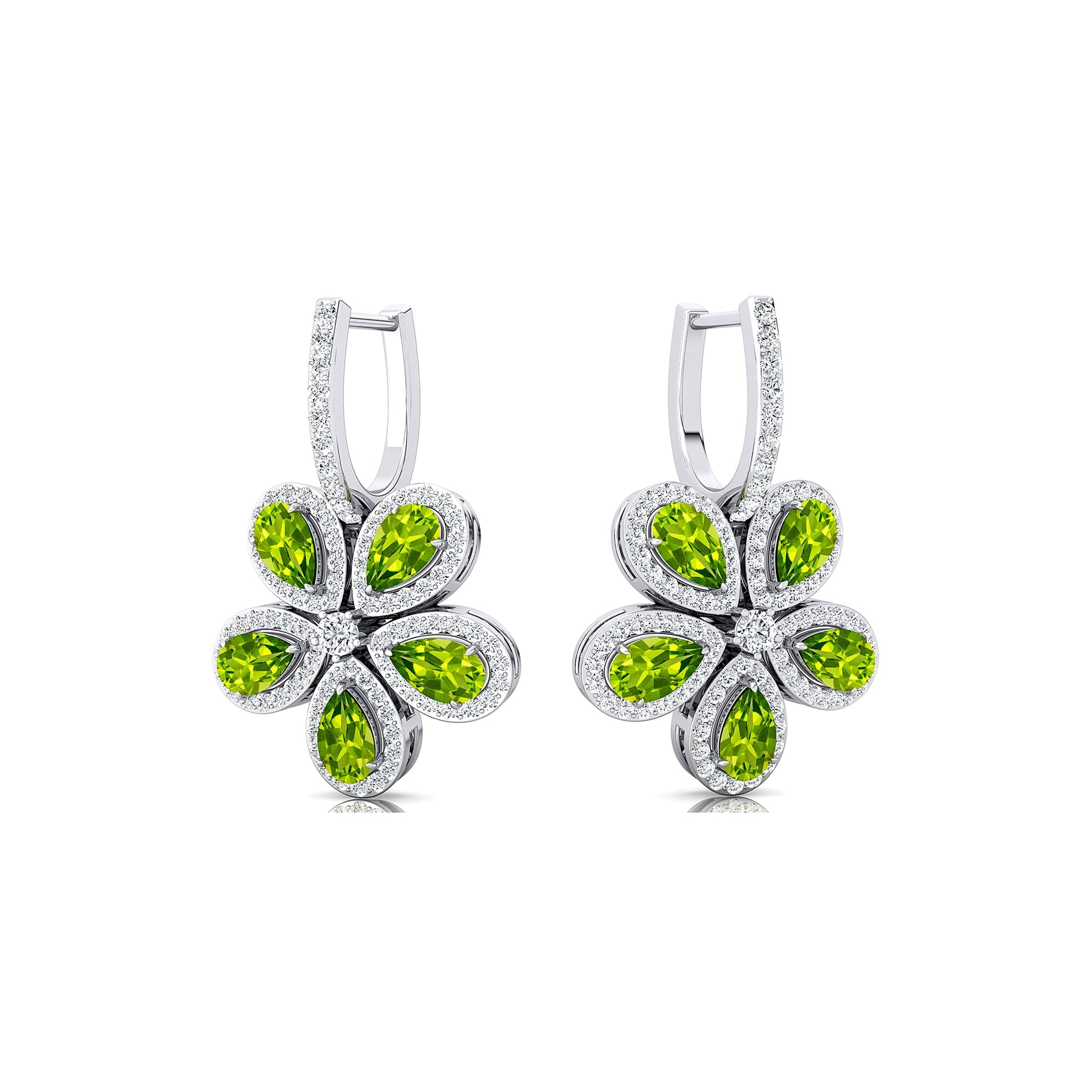 Pear Shaped Peridot Flower Diamond Leverback Earrings - GeumJewels