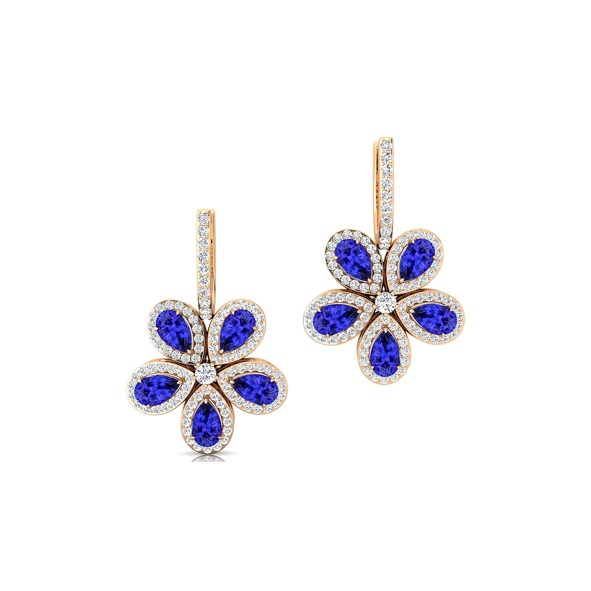 Pear Shaped Tanzanite Flower Diamond Leverback Earrings - GeumJewels