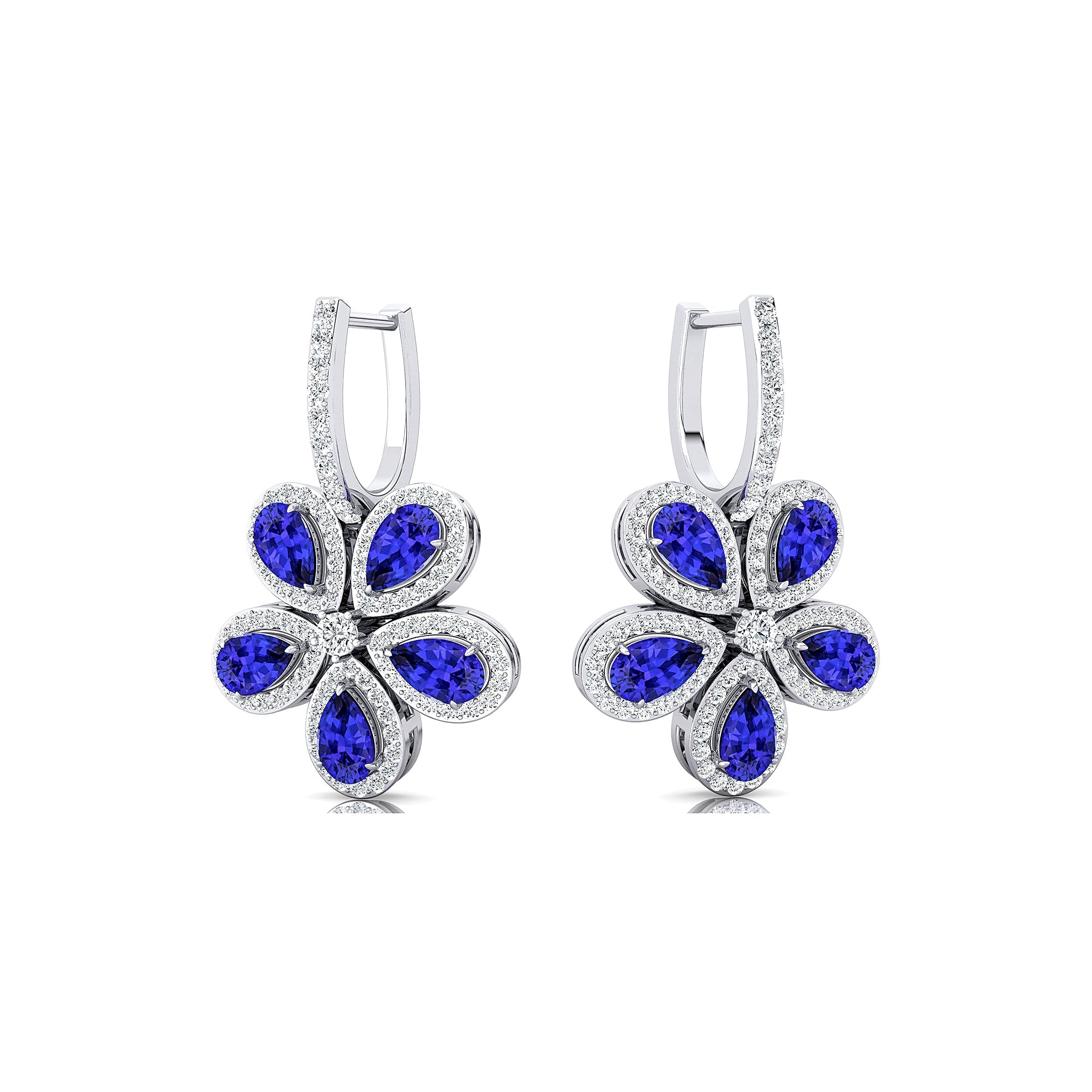 Pear Shaped Tanzanite Flower Diamond Leverback Earrings - GeumJewels