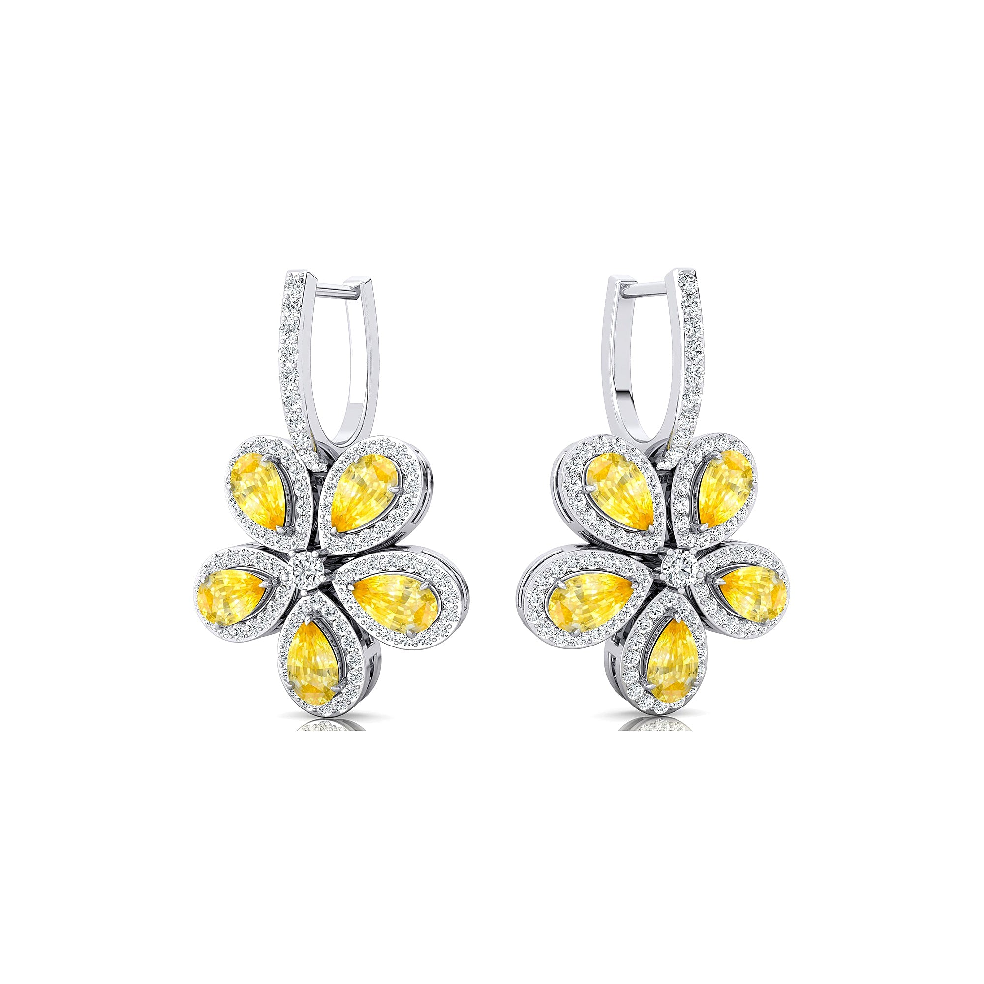 Pear Shaped Yellow Sapphire Flower Diamond Leverback Earrings - GeumJewels