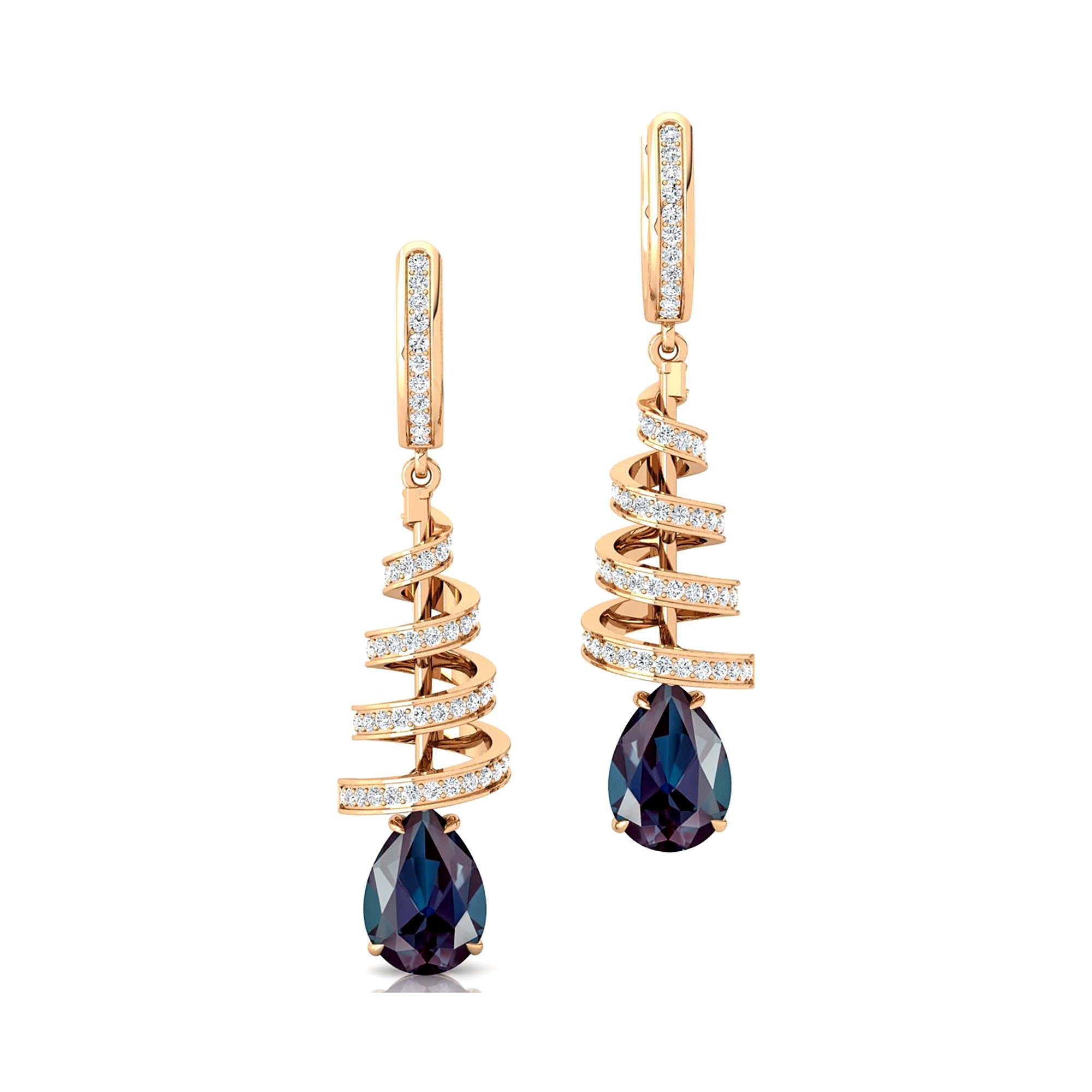 Spiral Diamond Pear Cut Alexandrite Dangle Earrings - GeumJewels