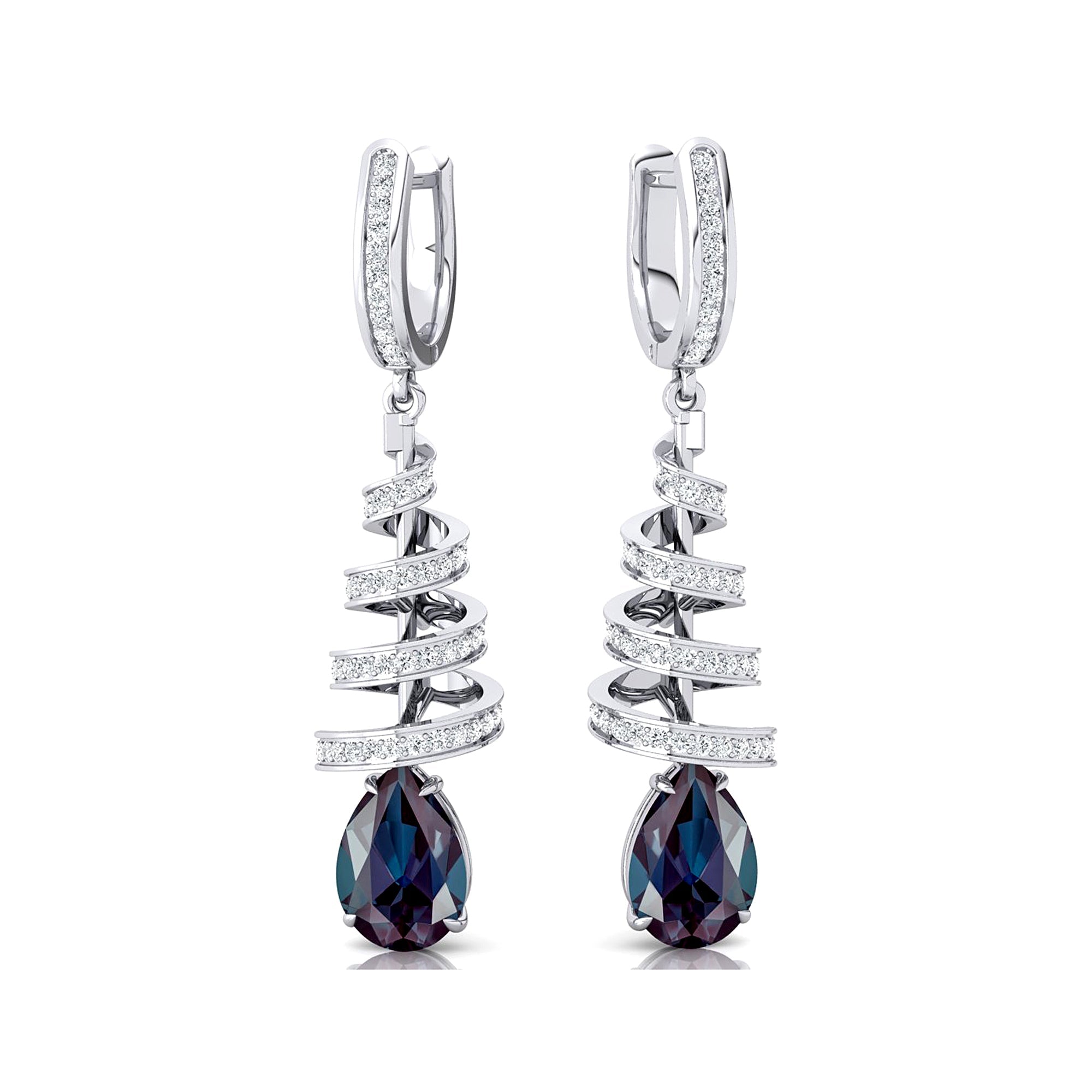 Spiral Diamond Pear Cut Alexandrite Dangle Earrings - GeumJewels