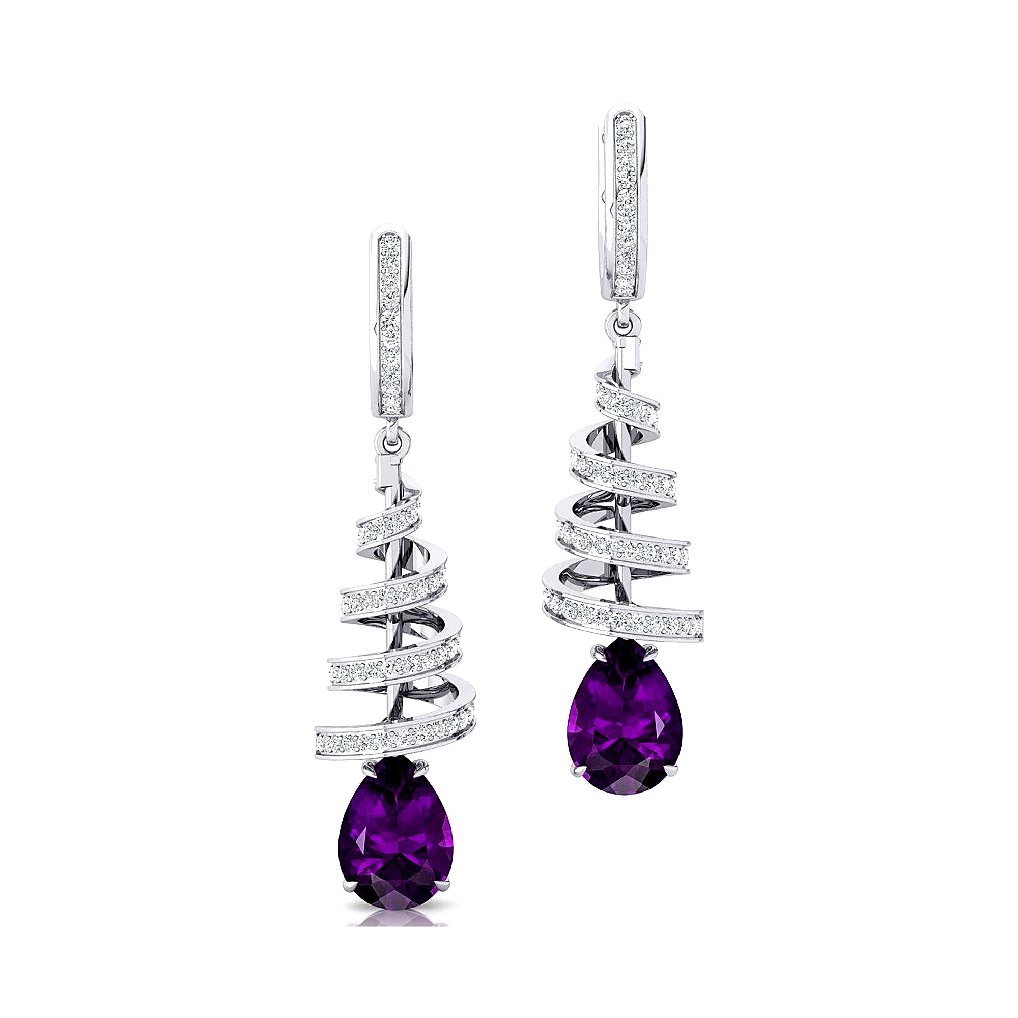 Spiral Diamond Pear Cut Amethyst Dangle Earrings - GeumJewels