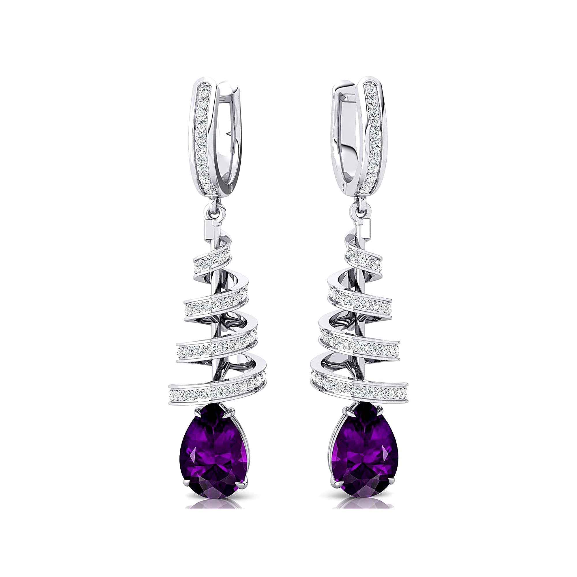 Spiral Diamond Pear Cut Amethyst Dangle Earrings - GeumJewels