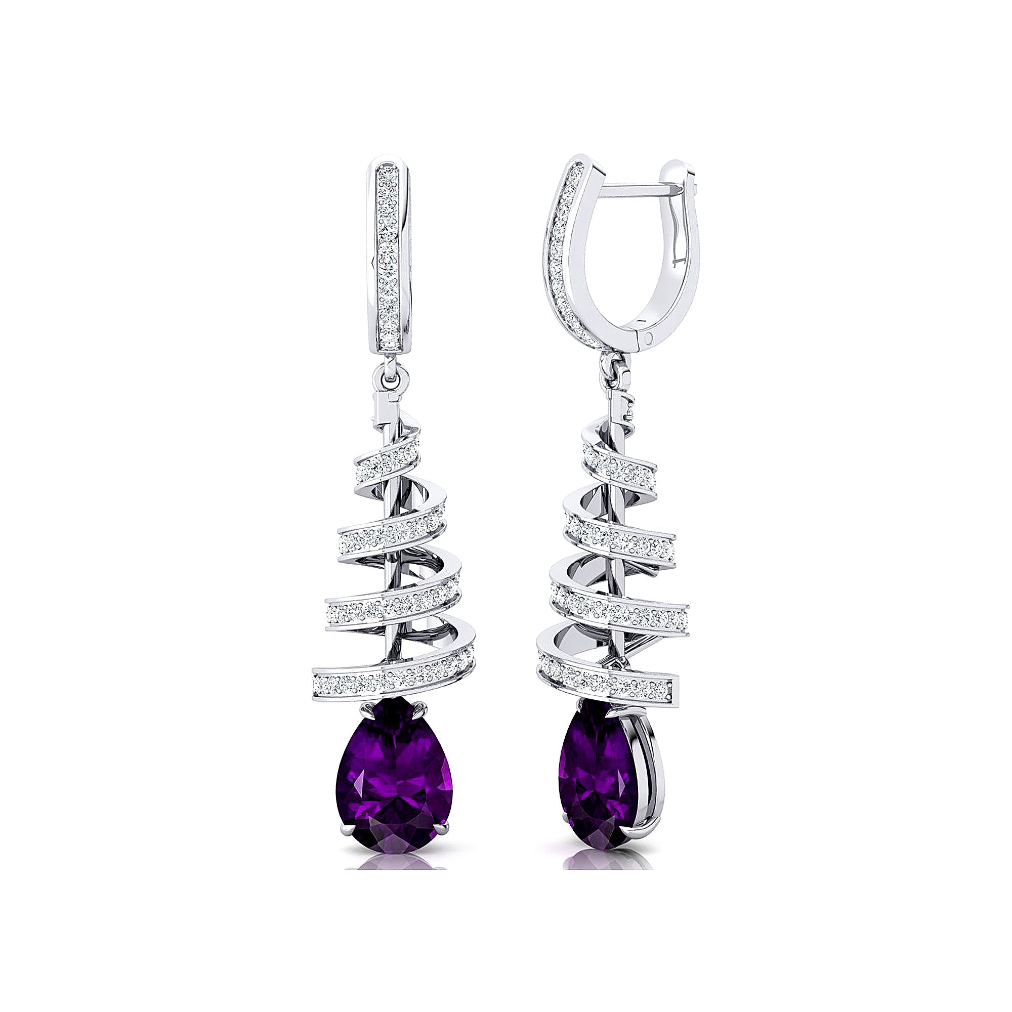Spiral Diamond Pear Cut Amethyst Dangle Earrings - GeumJewels