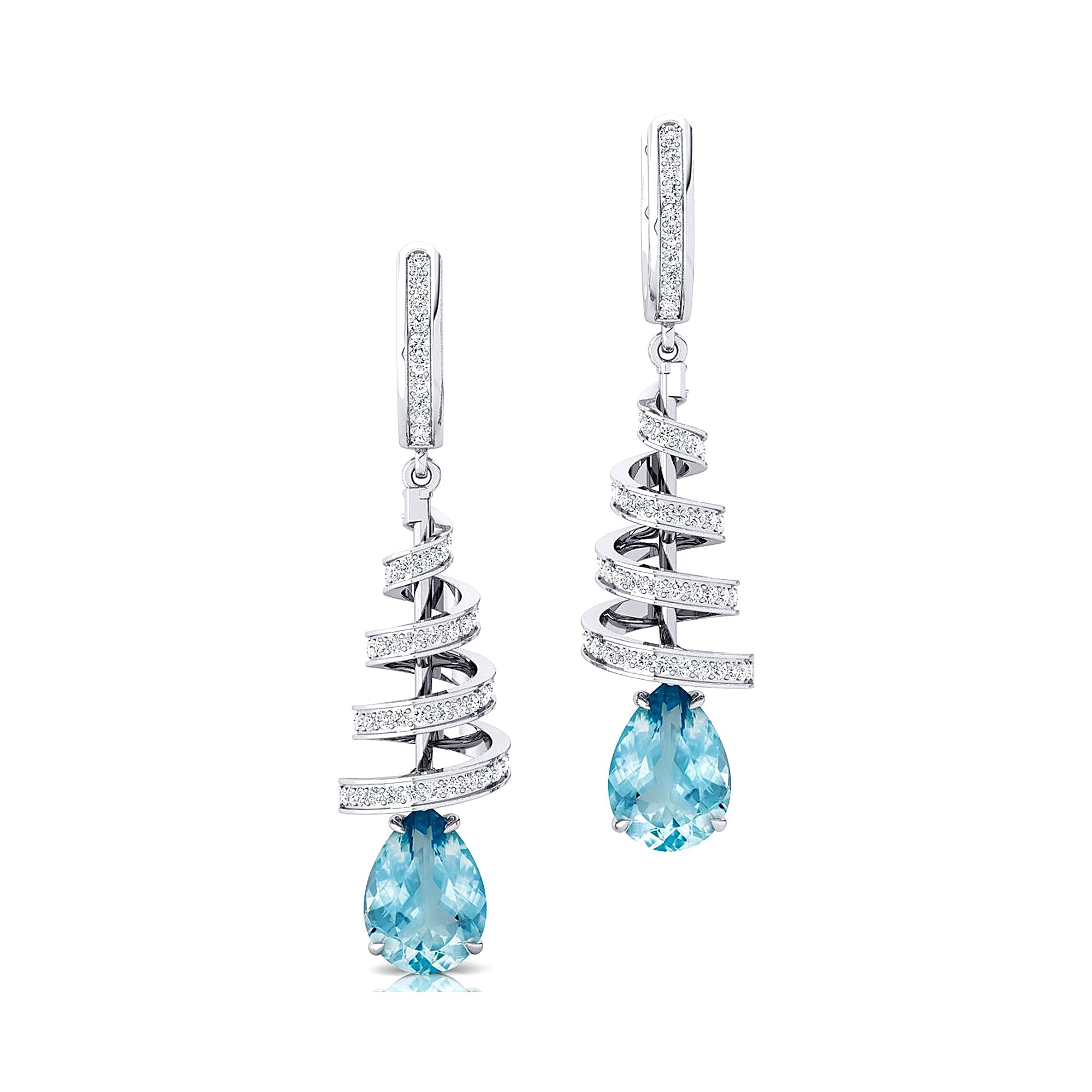 Spiral Diamond Pear Cut Aquamarine Dangle Earrings - GeumJewels