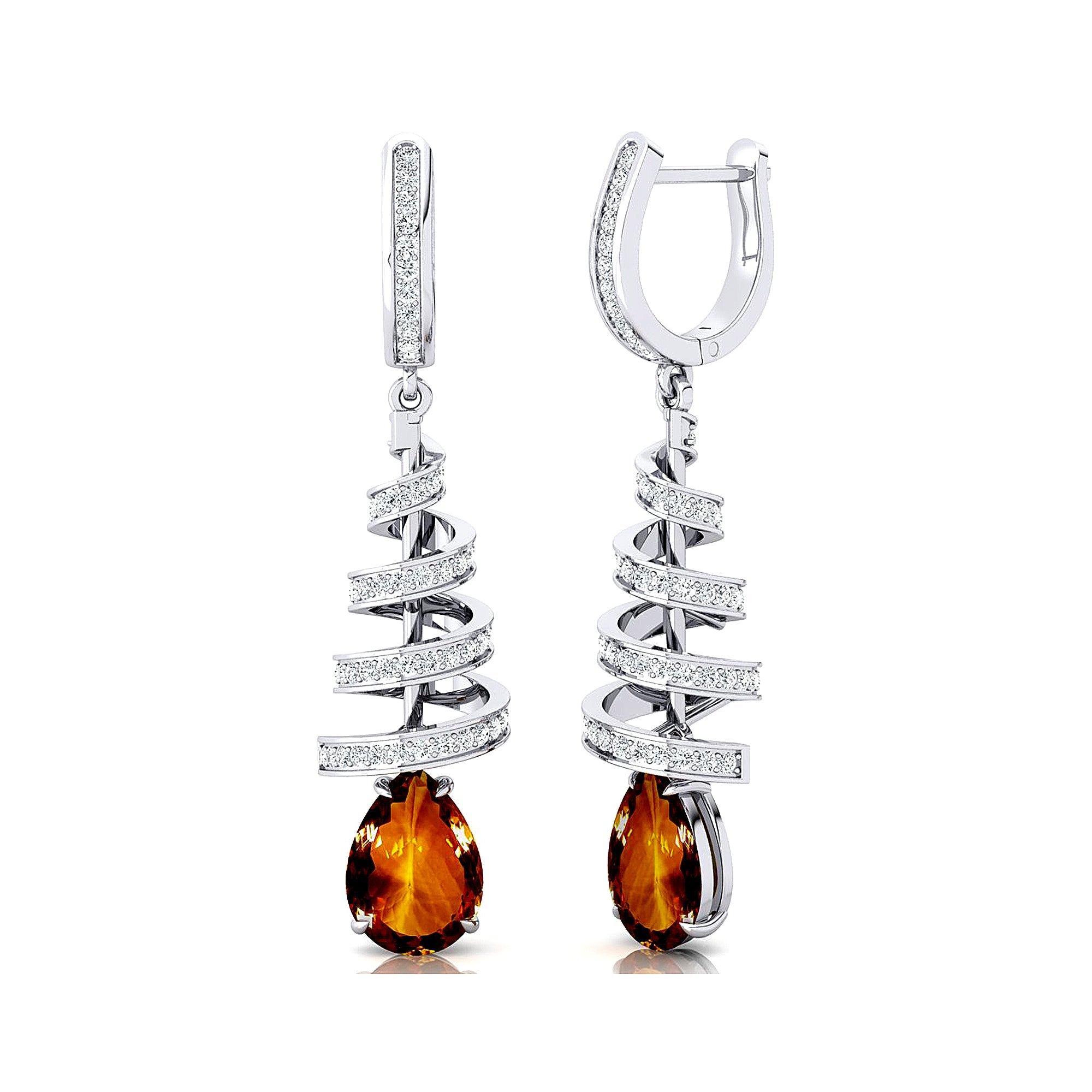 Spiral Diamond Pear Cut Citrine Dangle Earrings - GeumJewels