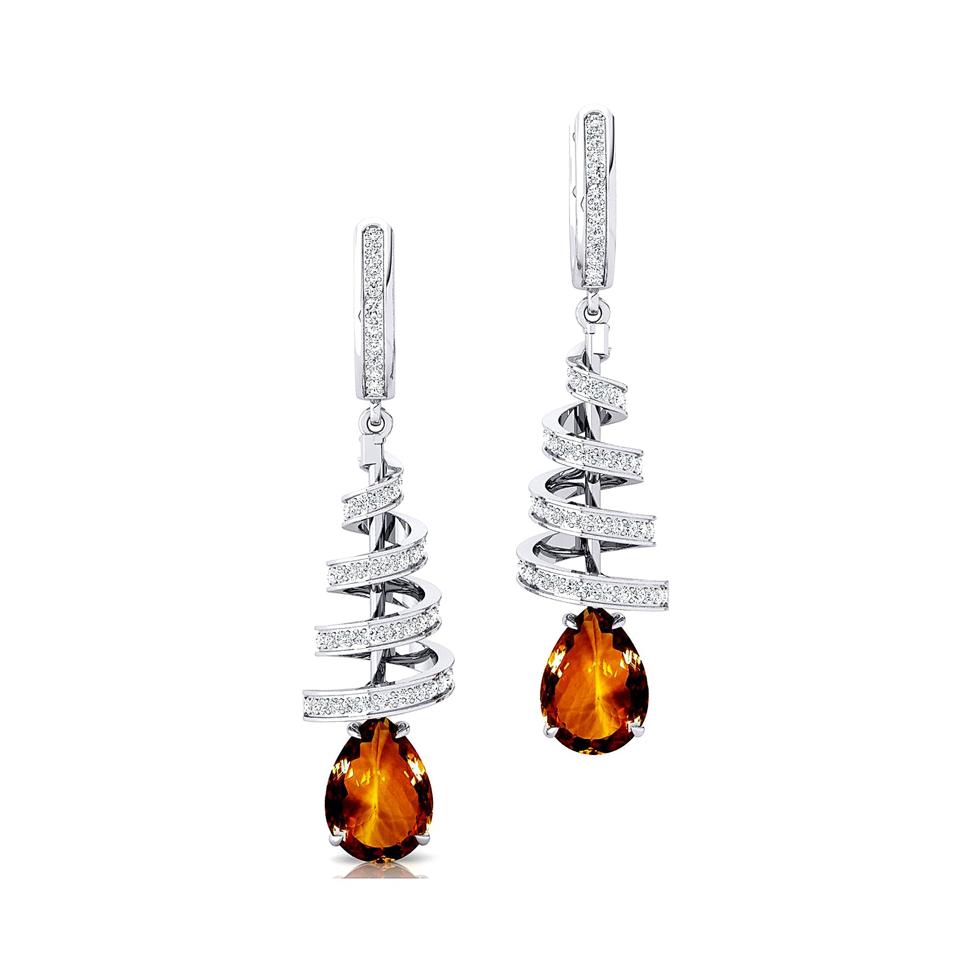 Spiral Diamond Pear Cut Citrine Dangle Earrings - GeumJewels