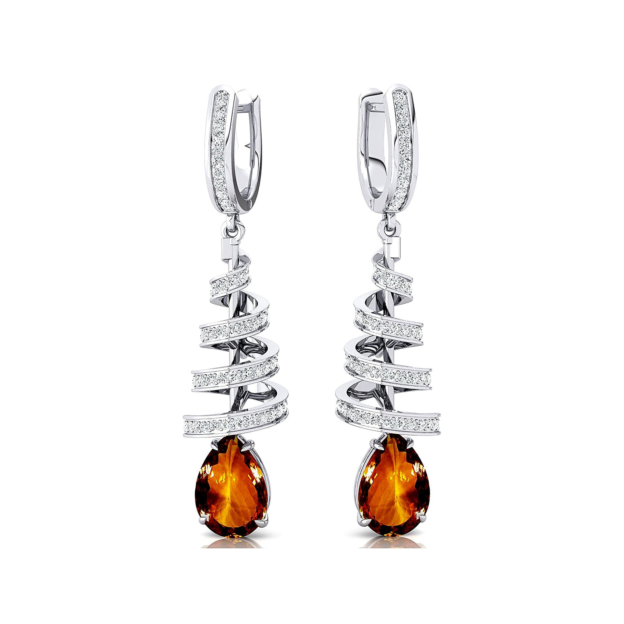 Spiral Diamond Pear Cut Citrine Dangle Earrings - GeumJewels