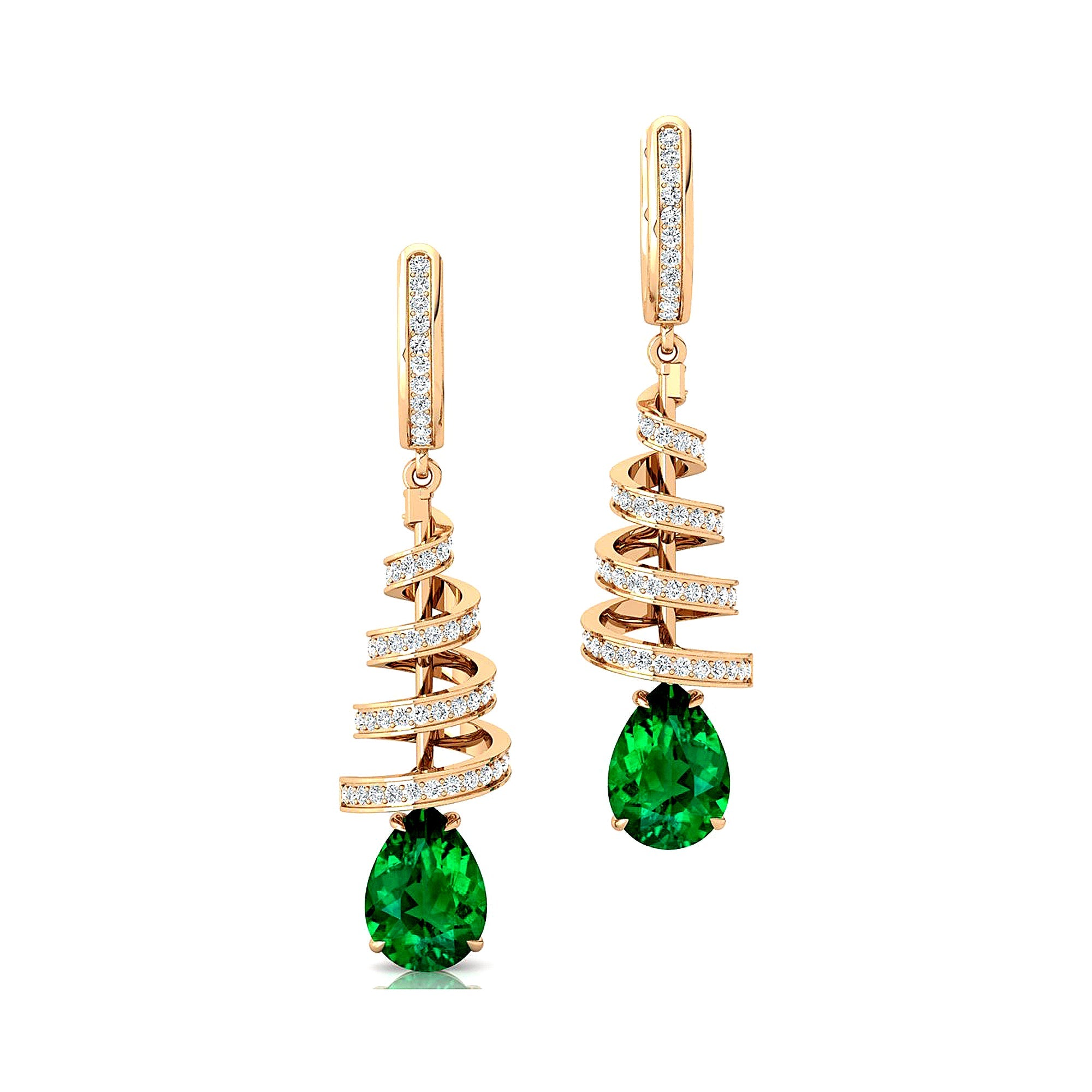 Spiral Diamond Pear Cut Emerald Dangle Earrings - GeumJewels