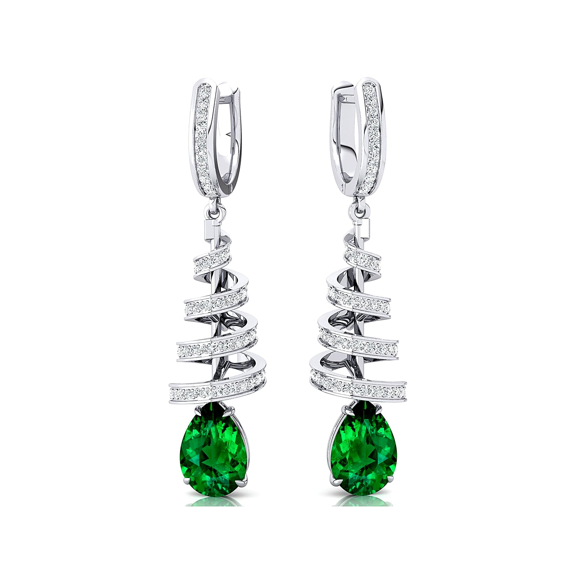 Spiral Diamond Pear Cut Emerald Dangle Earrings - GeumJewels
