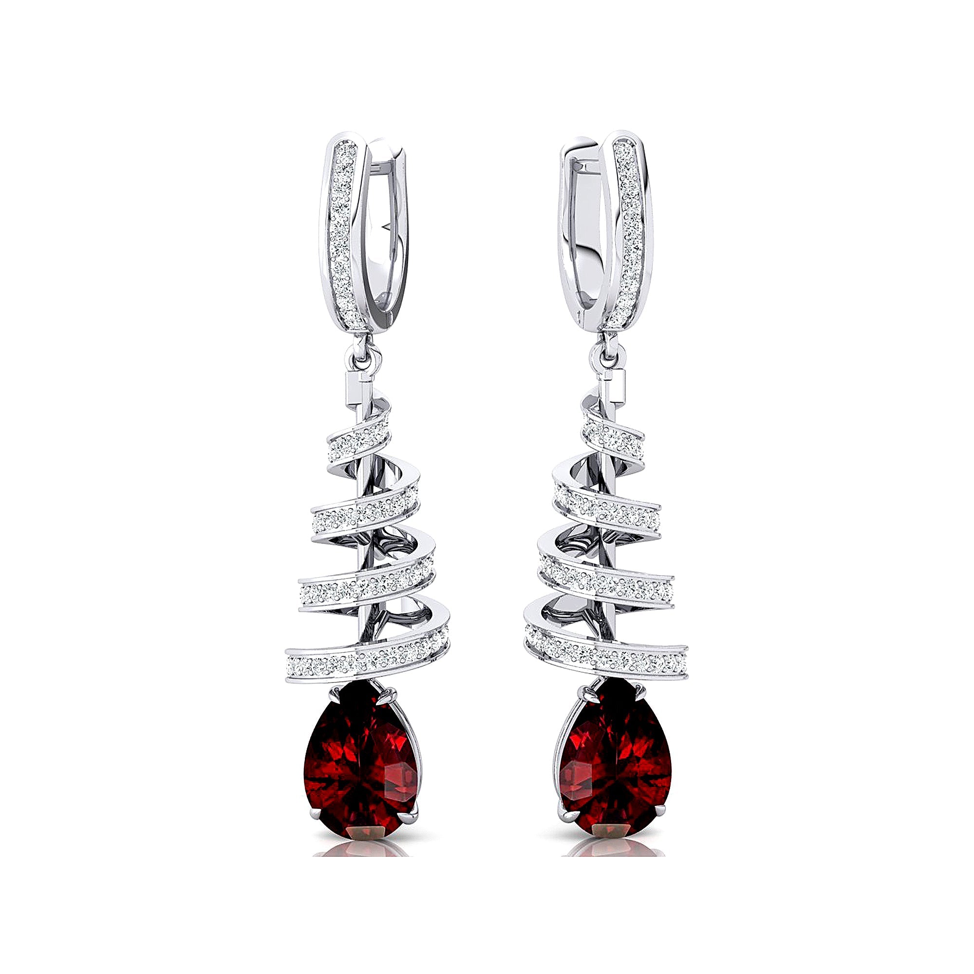 Spiral Diamond Pear Cut Garnet Dangle Earrings - GeumJewels
