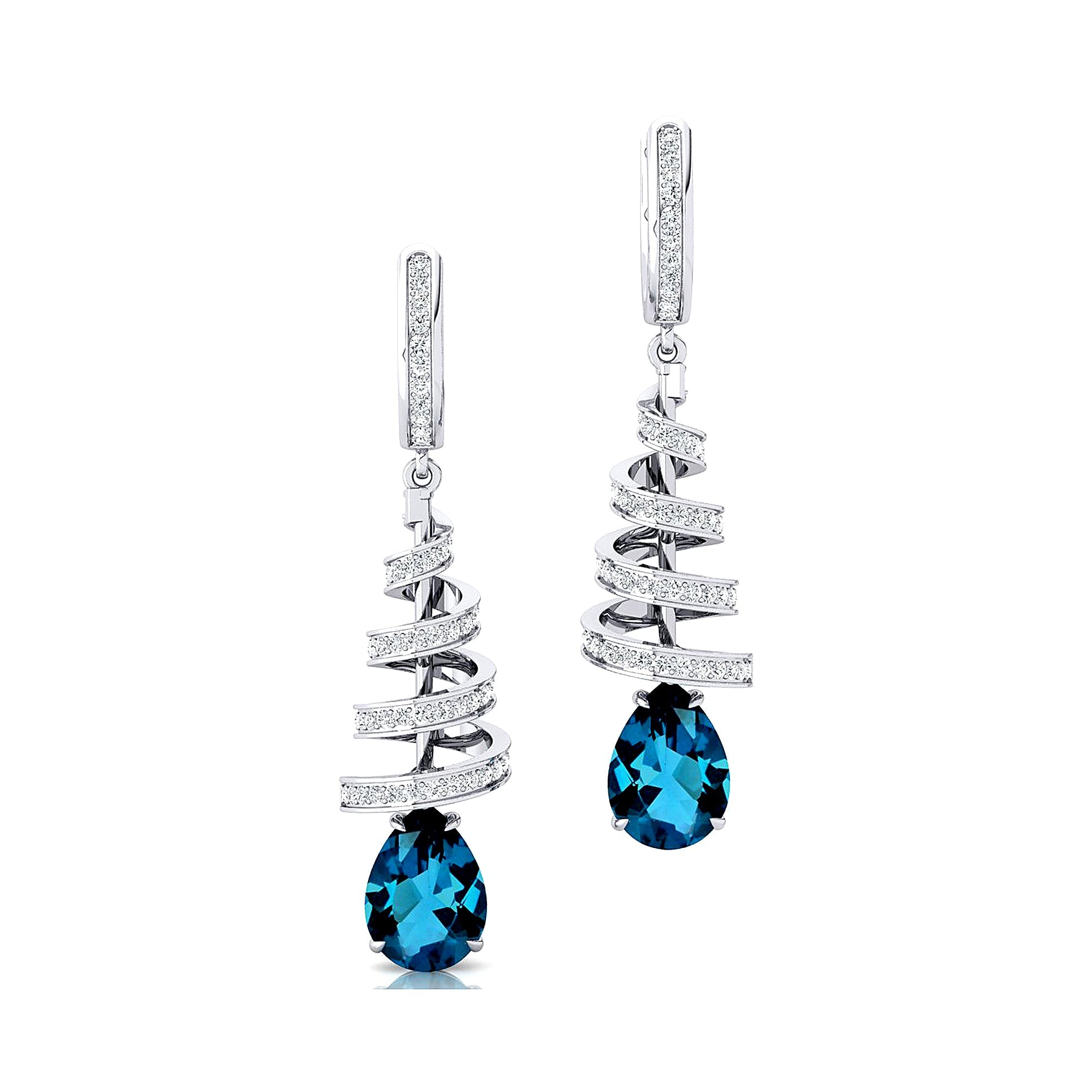 Spiral Diamond Pear Cut London Blue Topaz Dangle Earrings - GeumJewels