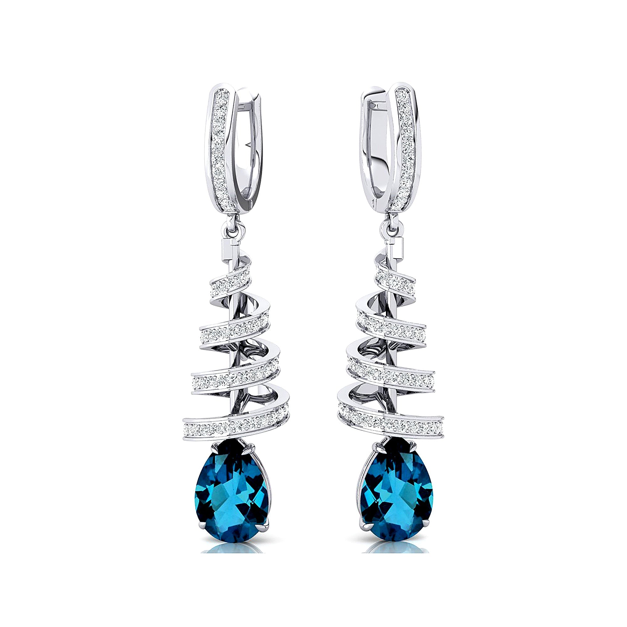 Spiral Diamond Pear Cut London Blue Topaz Dangle Earrings - GeumJewels
