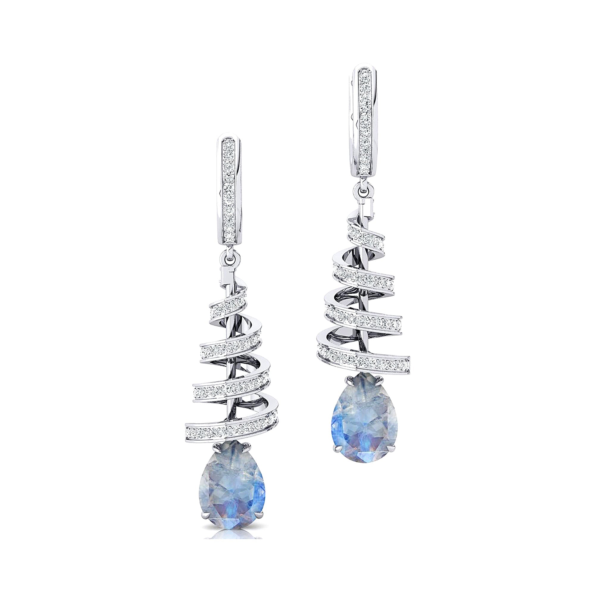 Spiral Diamond Pear Cut Moonstone Dangle Earrings - GeumJewels