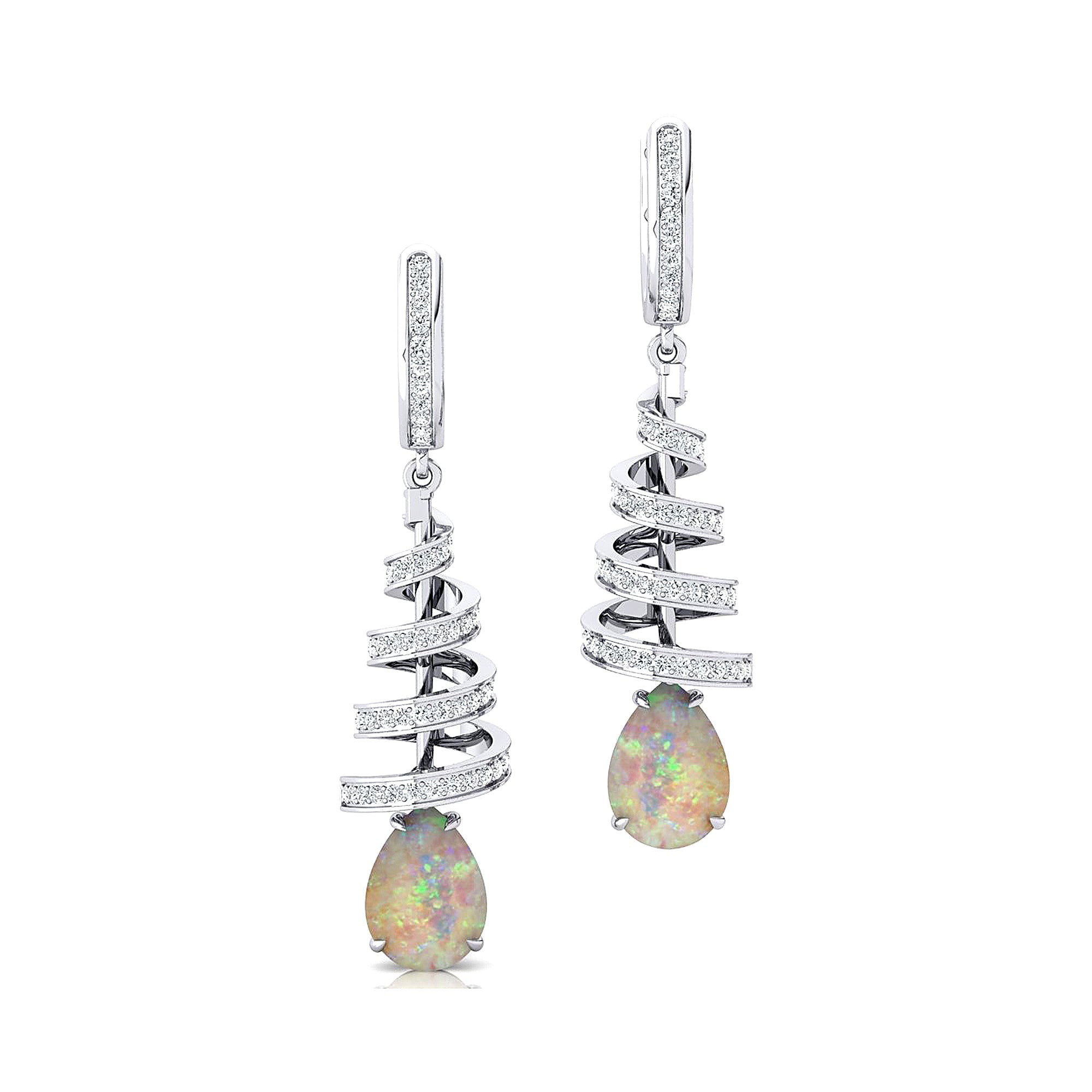 Spiral Diamond Pear Cut Opal Dangle Earrings - GeumJewels