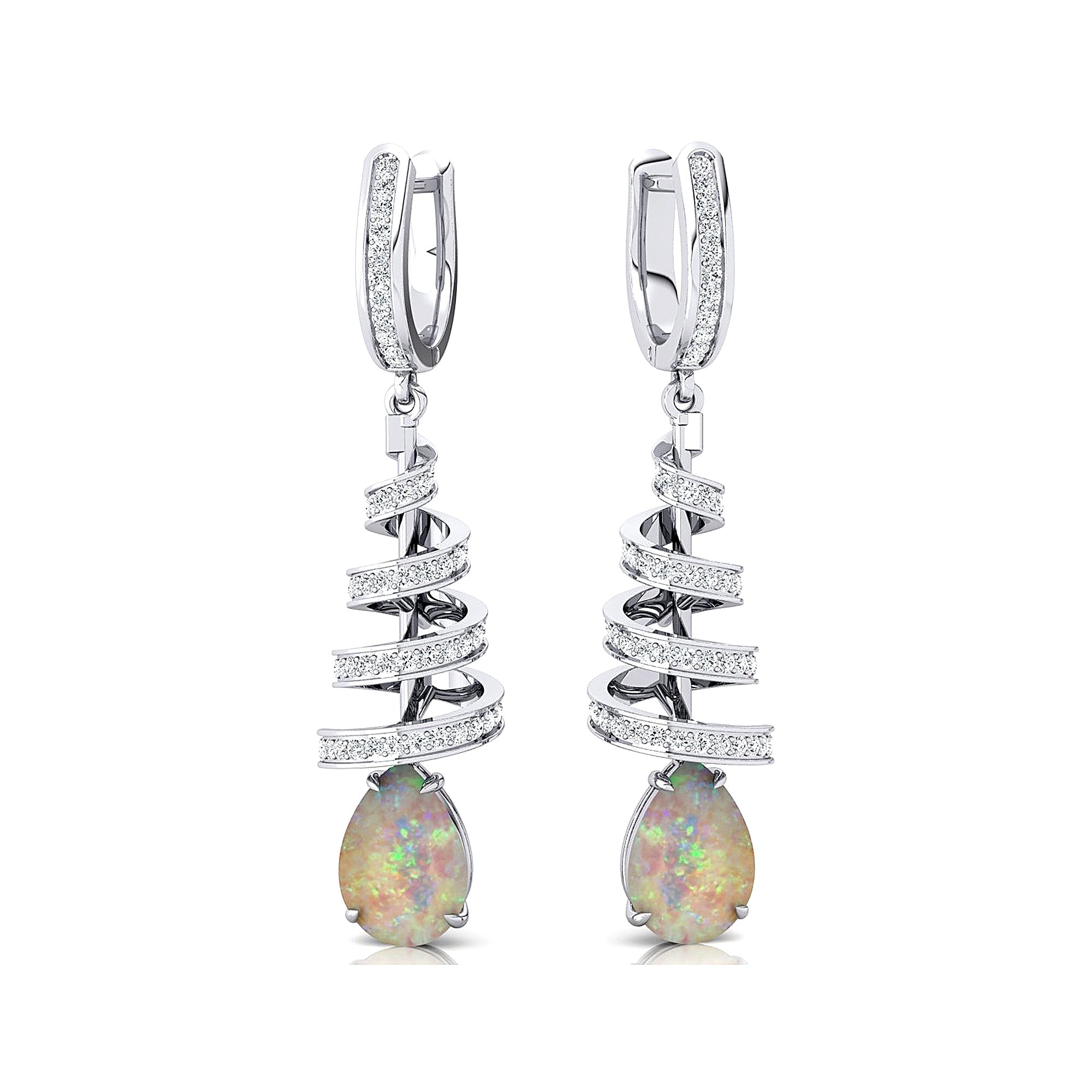 Spiral Diamond Pear Cut Opal Dangle Earrings - GeumJewels