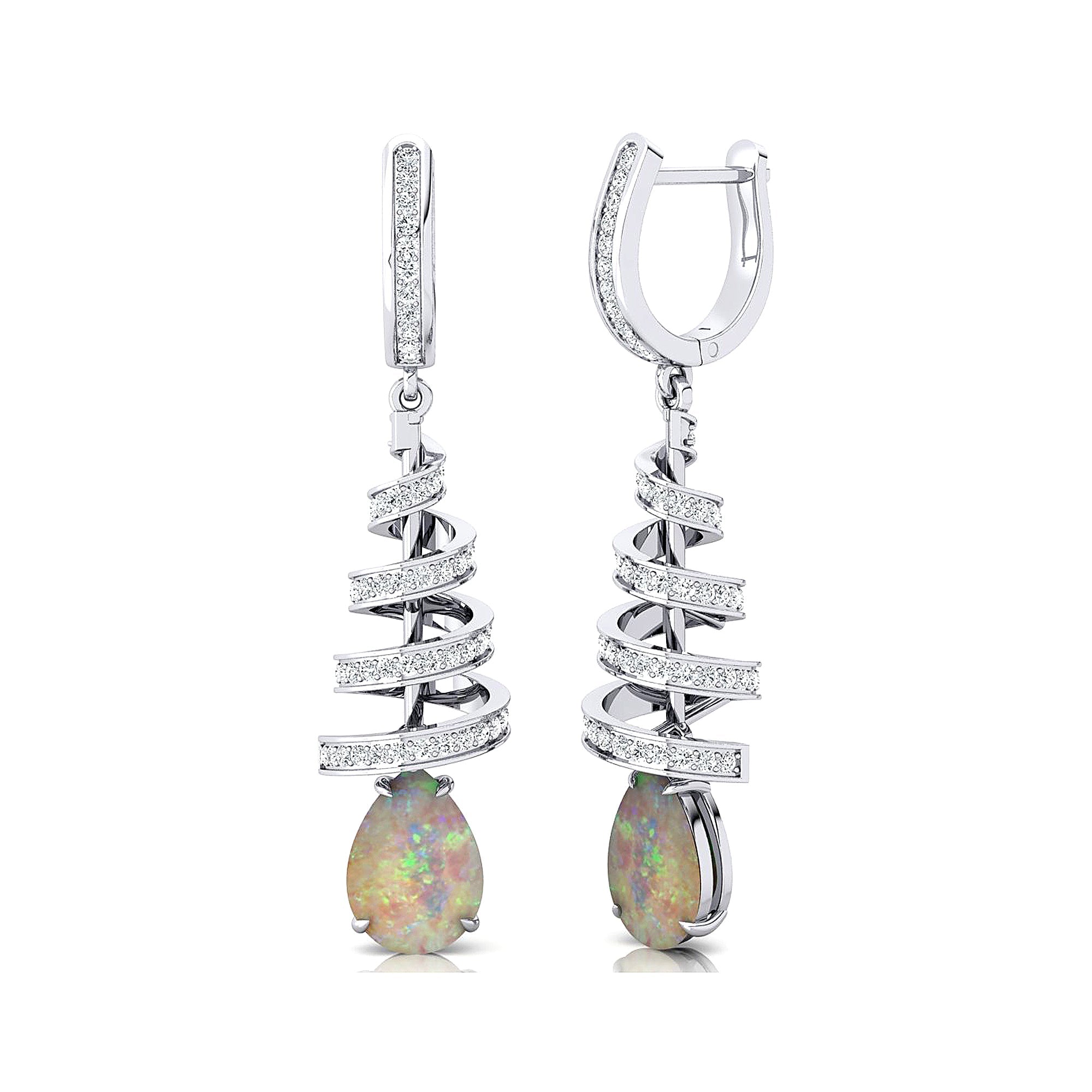 Spiral Diamond Pear Cut Opal Dangle Earrings - GeumJewels