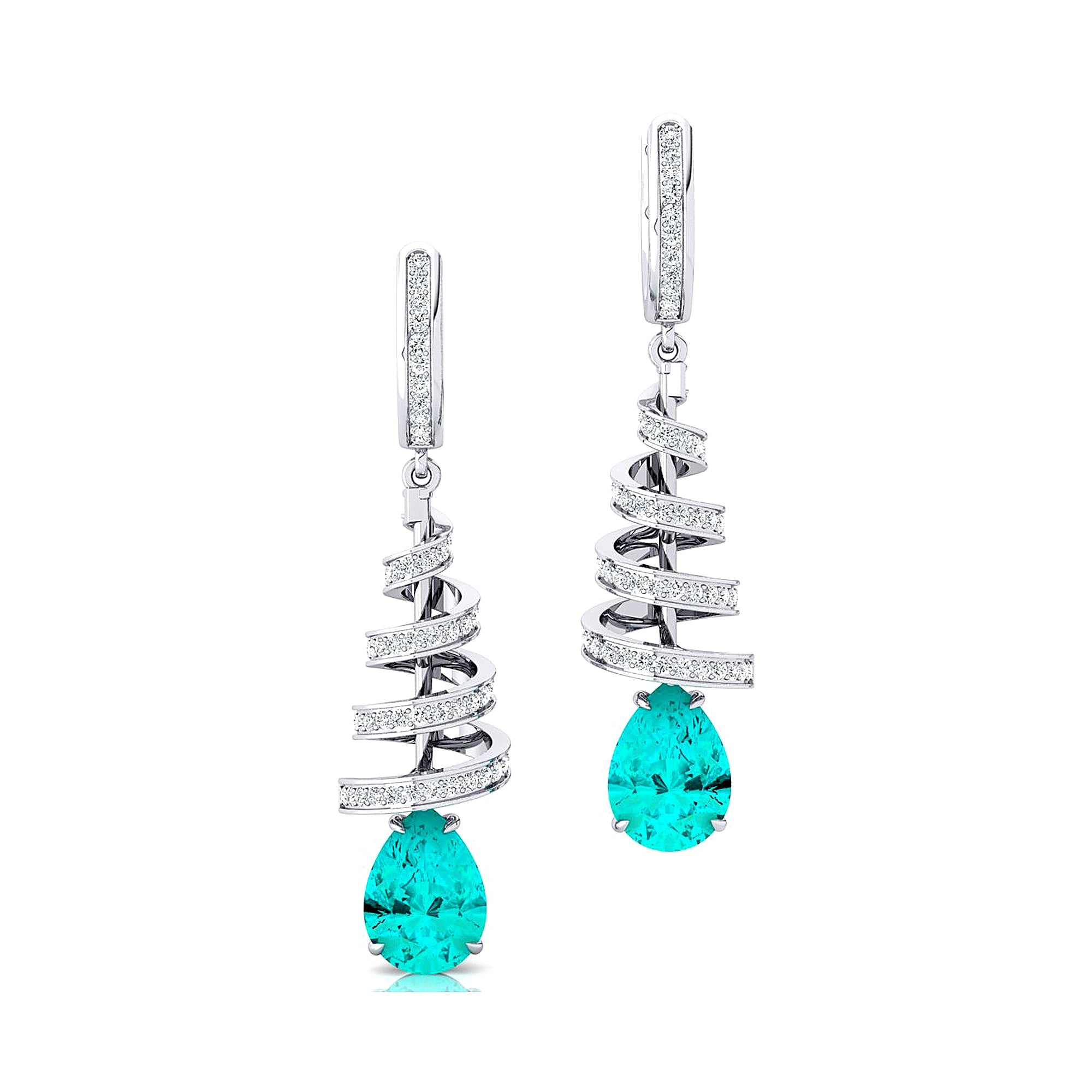 Spiral Diamond Pear Cut Paraiba Tourmaline Dangle Earrings - GeumJewels