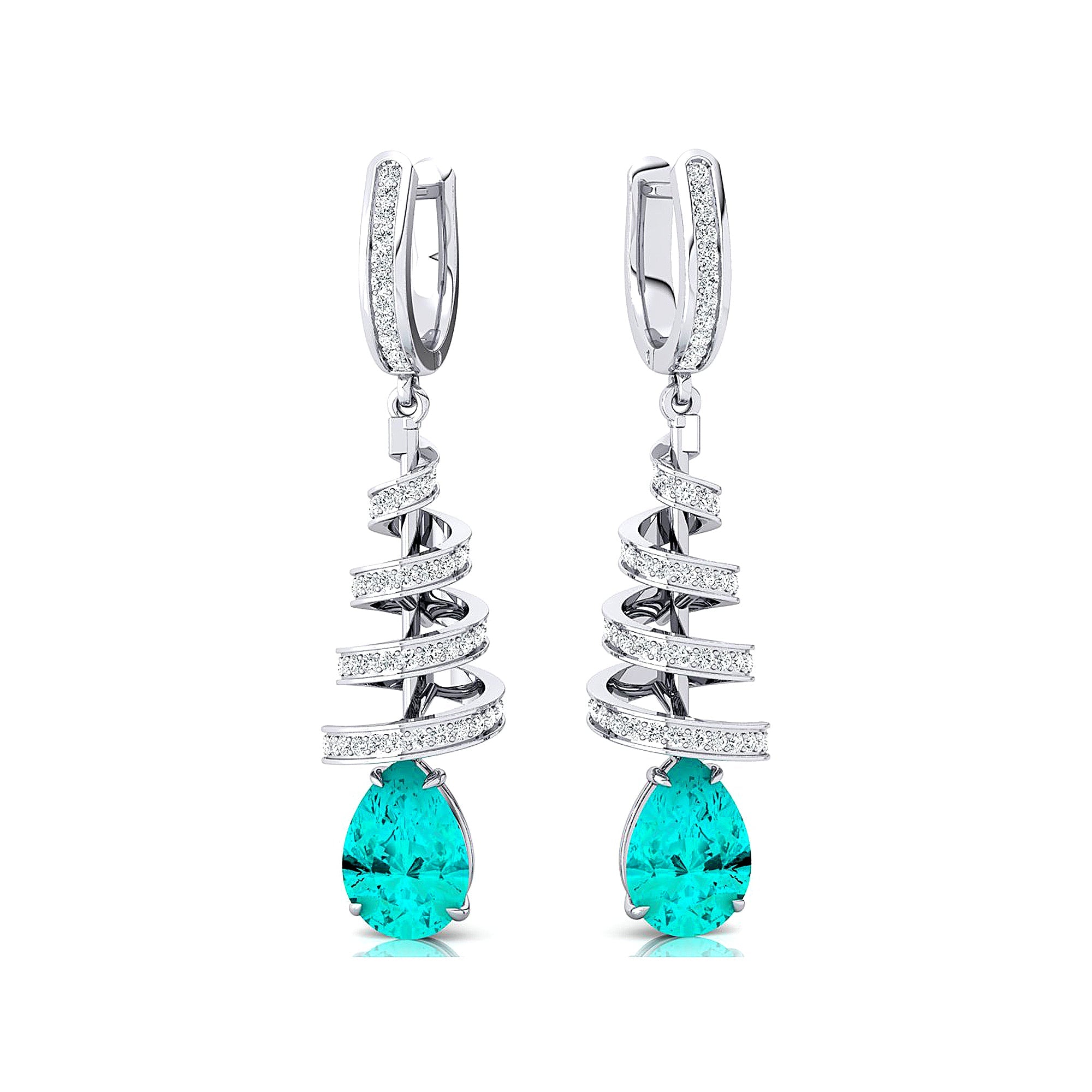 Spiral Diamond Pear Cut Paraiba Tourmaline Dangle Earrings - GeumJewels
