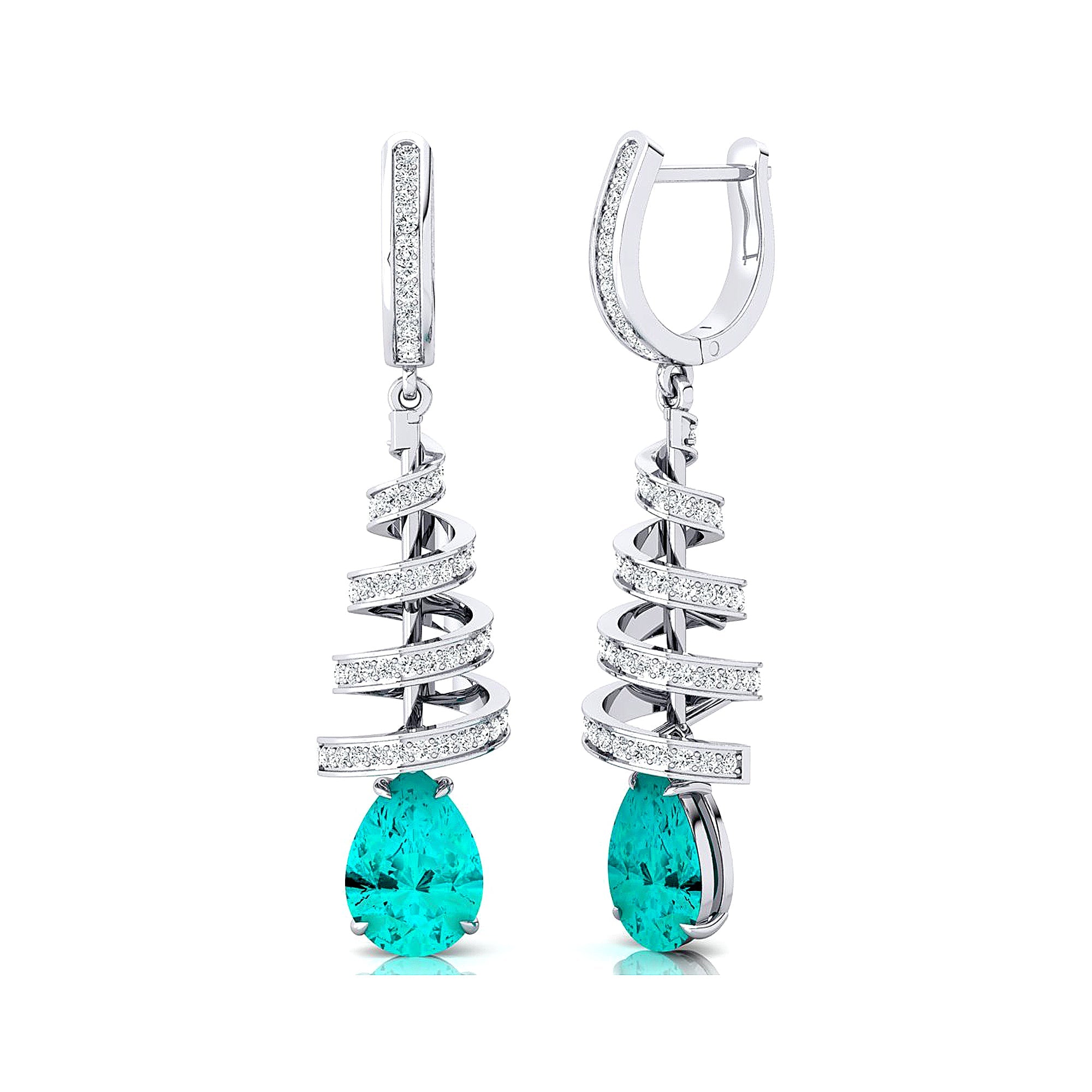 Spiral Diamond Pear Cut Paraiba Tourmaline Dangle Earrings - GeumJewels