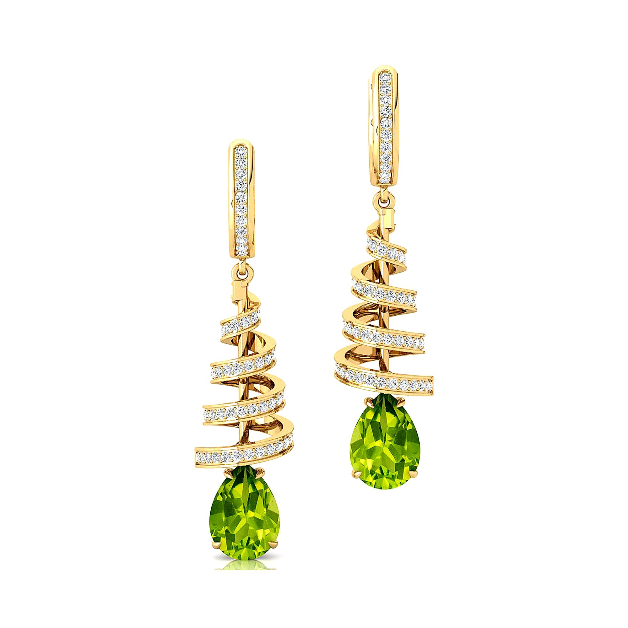 Spiral Diamond Pear Cut Peridot Dangle Earrings - GeumJewels
