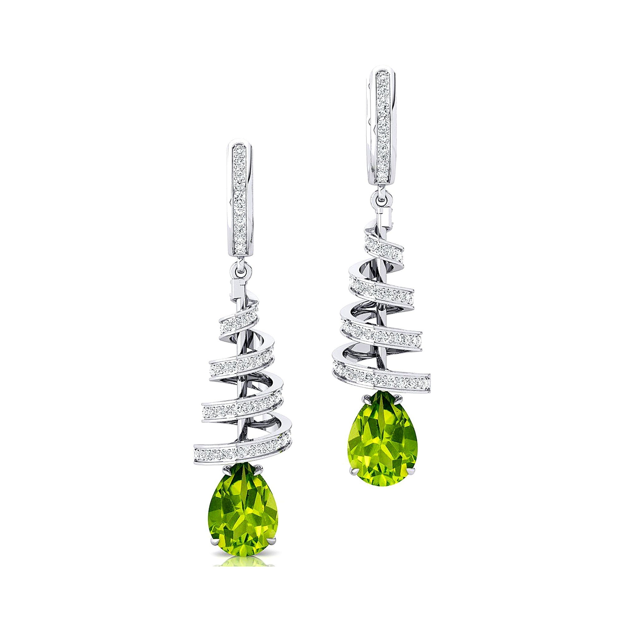 Spiral Diamond Pear Cut Peridot Dangle Earrings - GeumJewels