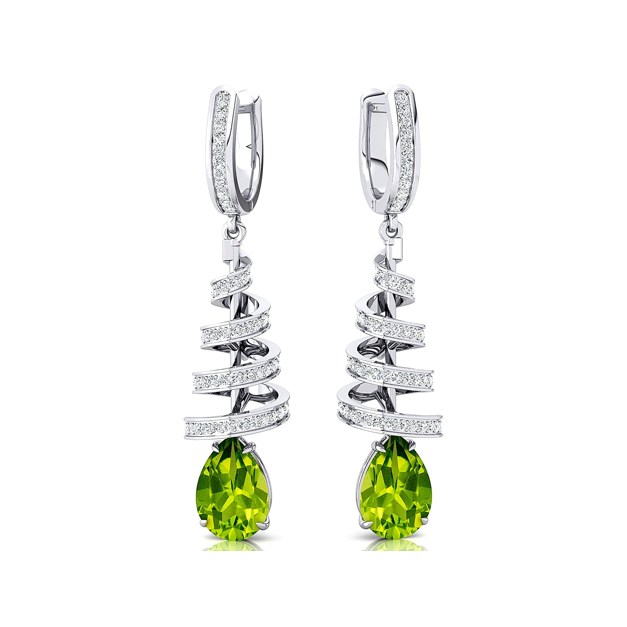 Spiral Diamond Pear Cut Peridot Dangle Earrings - GeumJewels