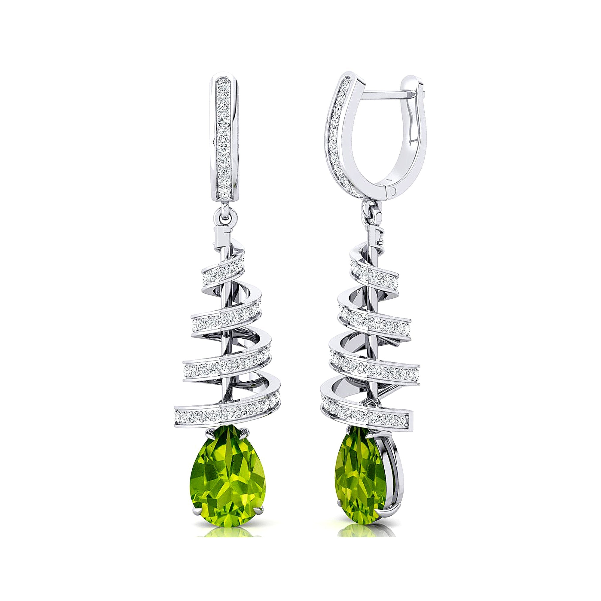 Spiral Diamond Pear Cut Peridot Dangle Earrings - GeumJewels