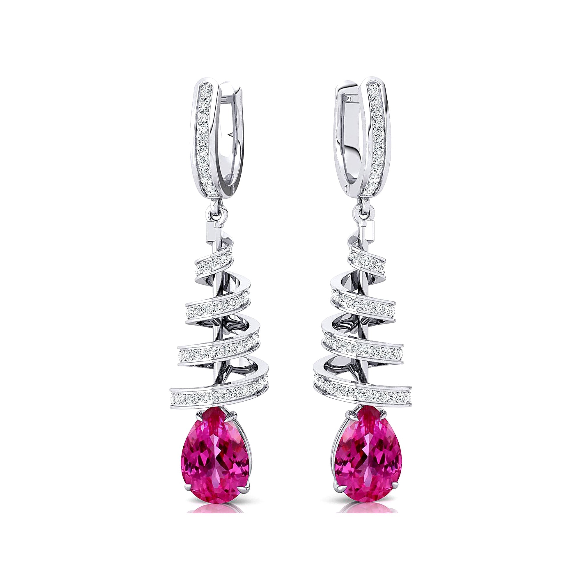 Spiral Diamond Pear Cut Pink Sapphire Dangle Earrings - GeumJewels